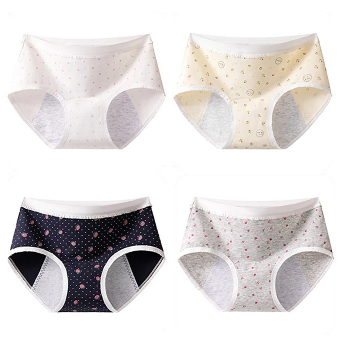 Детские трусы для девочек хлопковые с принтом Red bean, Floral Pure White+Floral Light Yellow+Strawberry Navy+Apple Light Gray