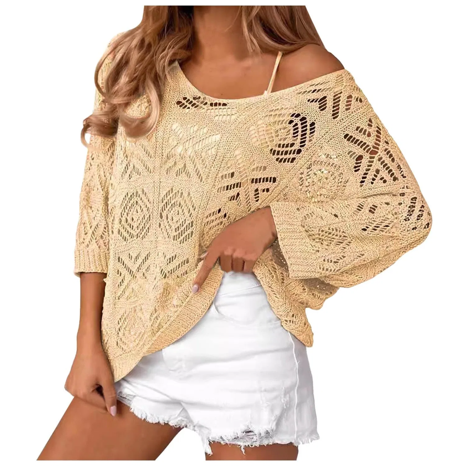 Женский жилет с открытыми плечами, вязаный крючком, с рукавом 3/4, Beige