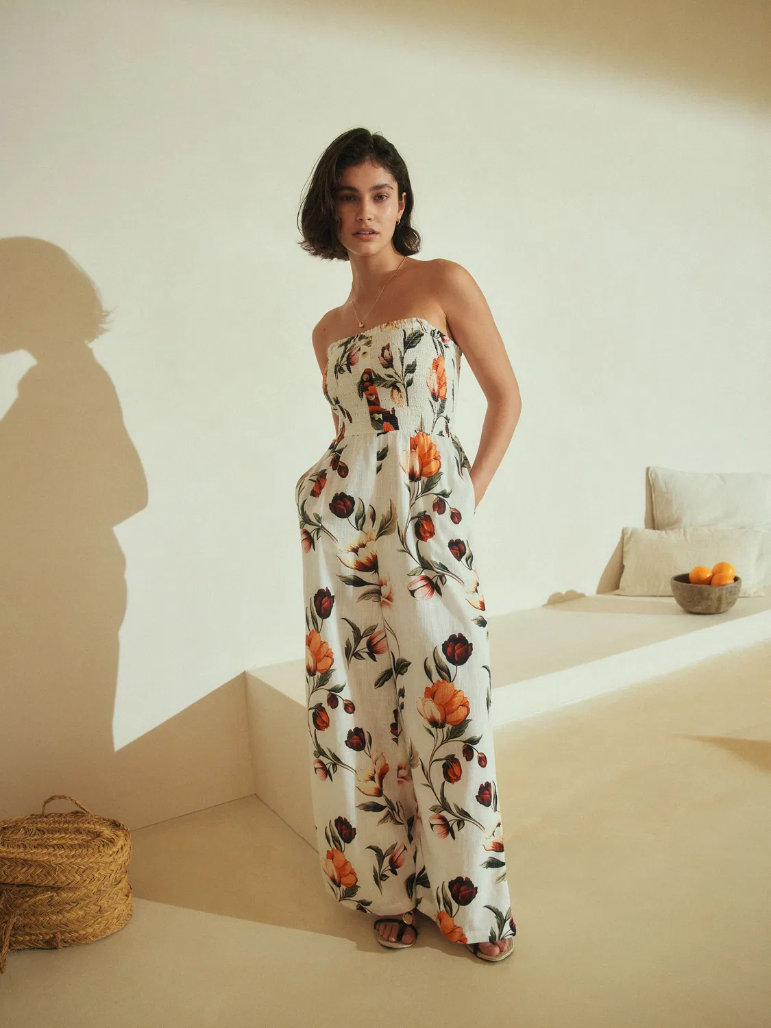 Комбинезон бандо Linen Blend с отстегивающимися бретелями Next, кремовый с красным цветочным принтом