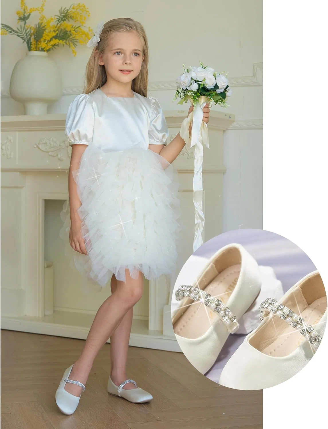 Детские балетки для девочек с цветочным принтом PHIRAMIN, Satin Ivory White — фото 3