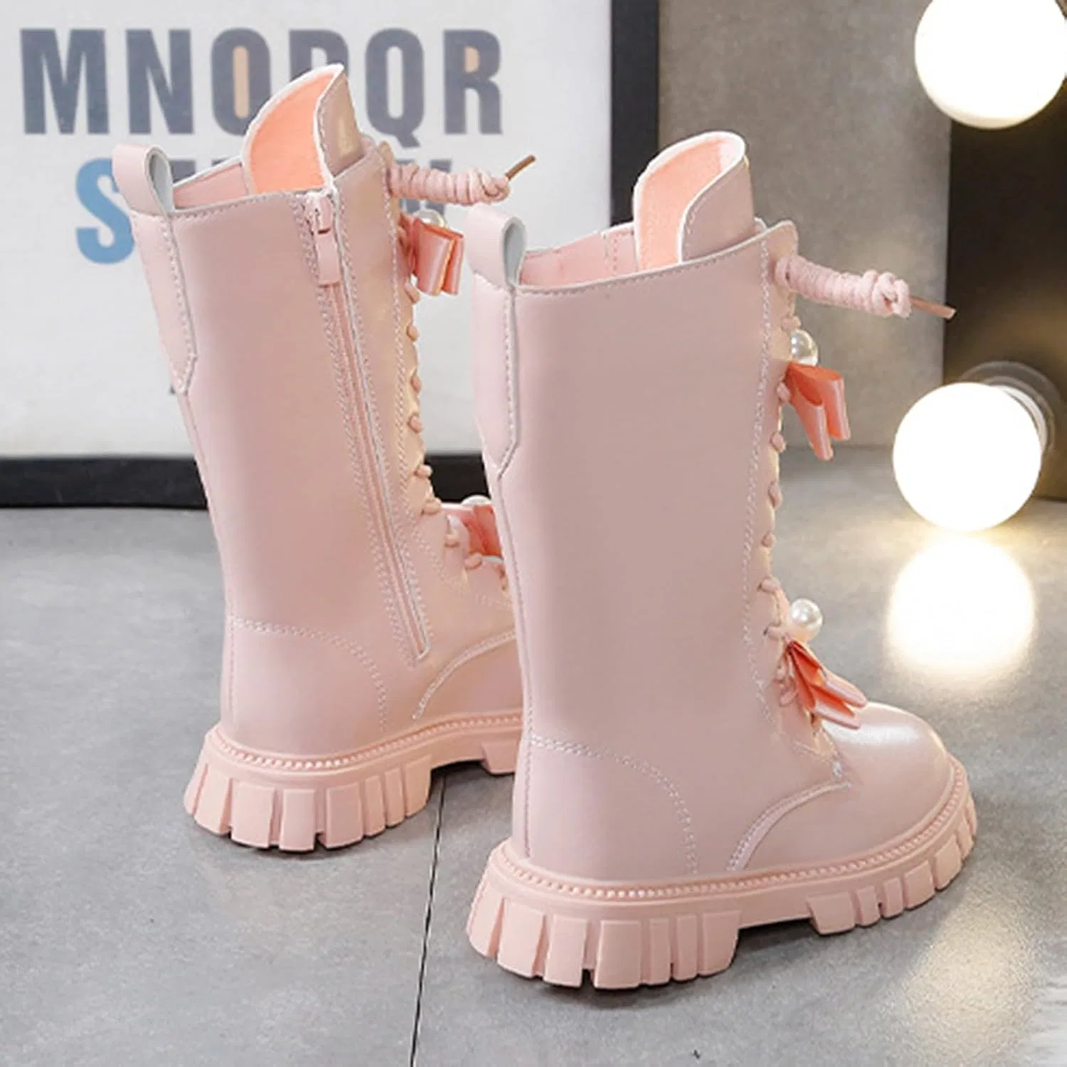 Детские кожаные сапоги для девочек с бантом и шнуровкой HBDHEJL, Pink — фото 4