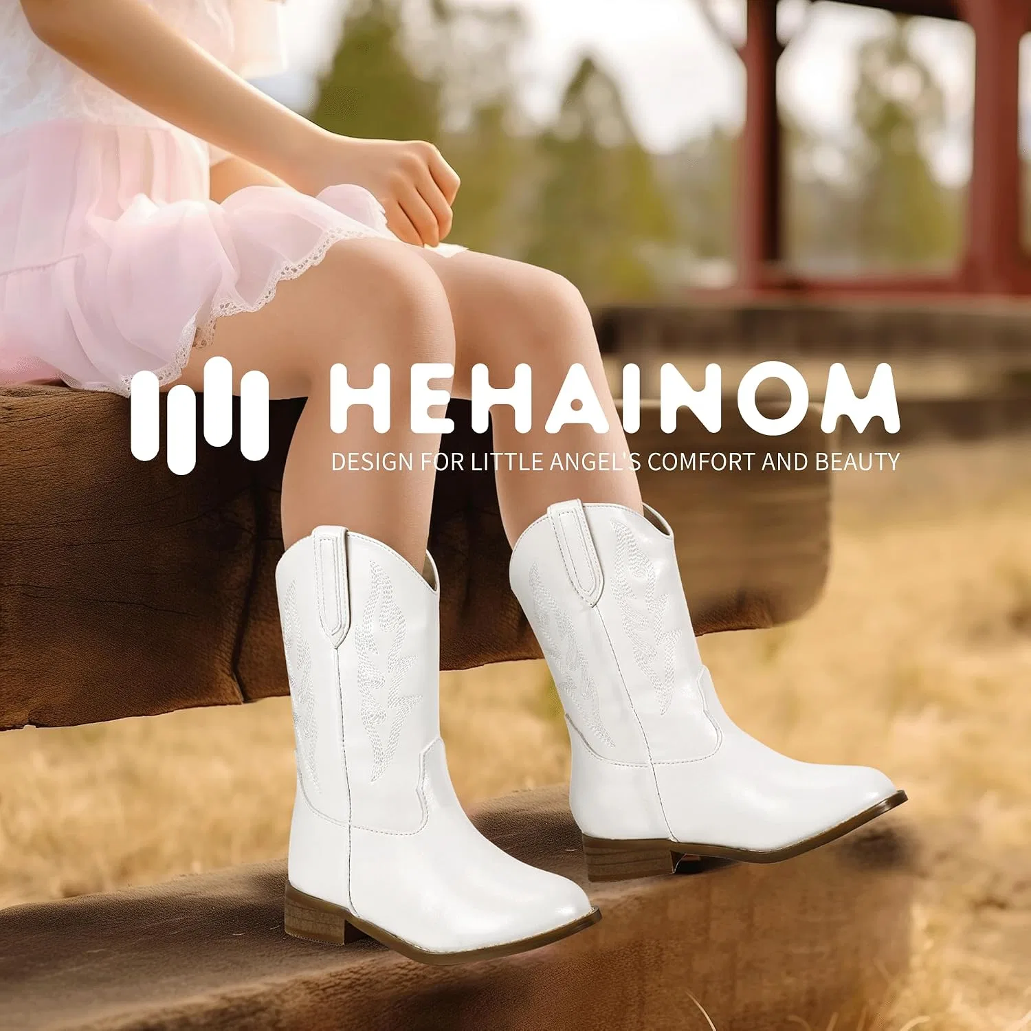 Детские сапоги для девочек с вышивкой Cowgirl Boots Hehainom, Whitepu — фото 2