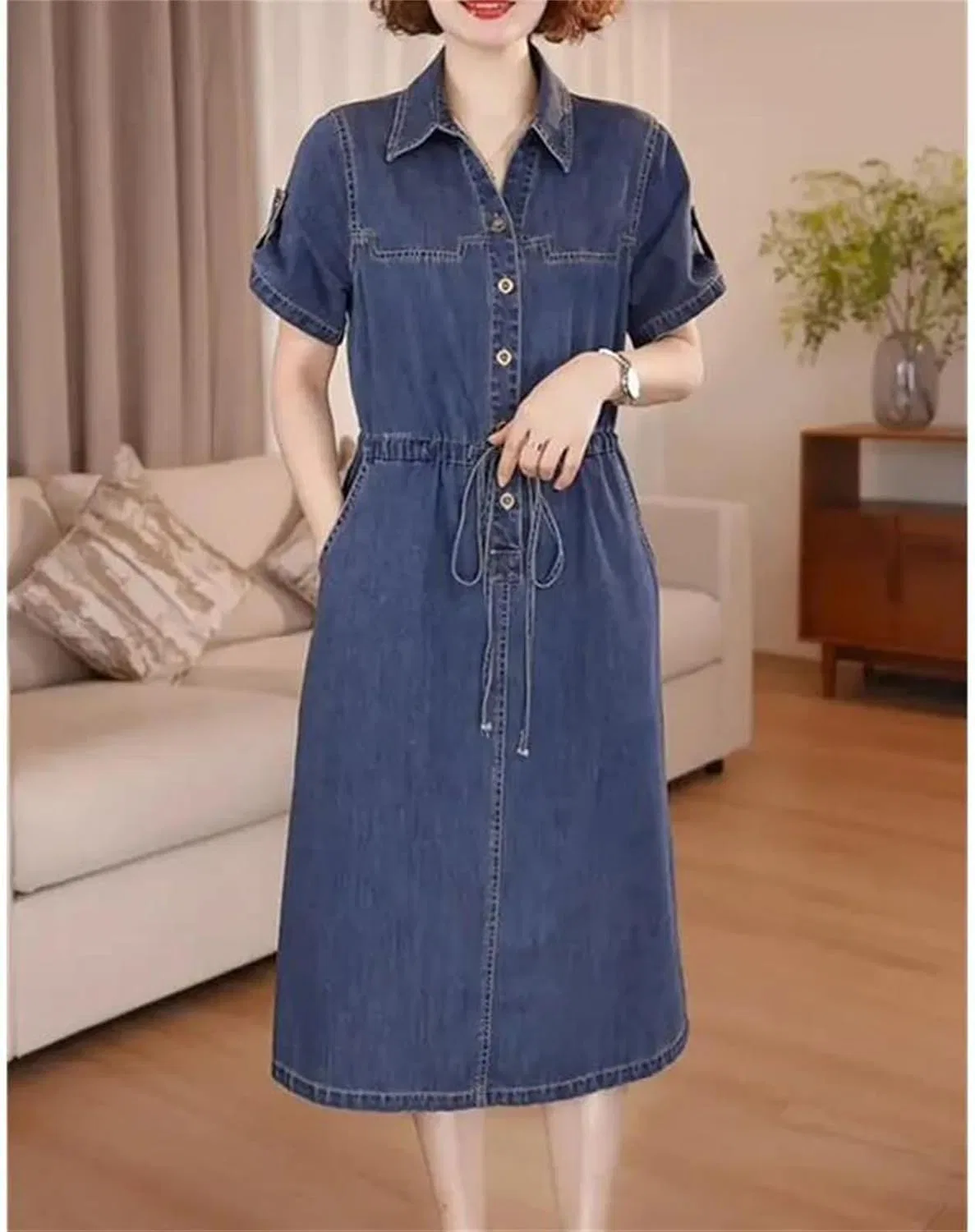 Женское джинсовое платье миди с коротким рукавом, Denim Blue — фото 2