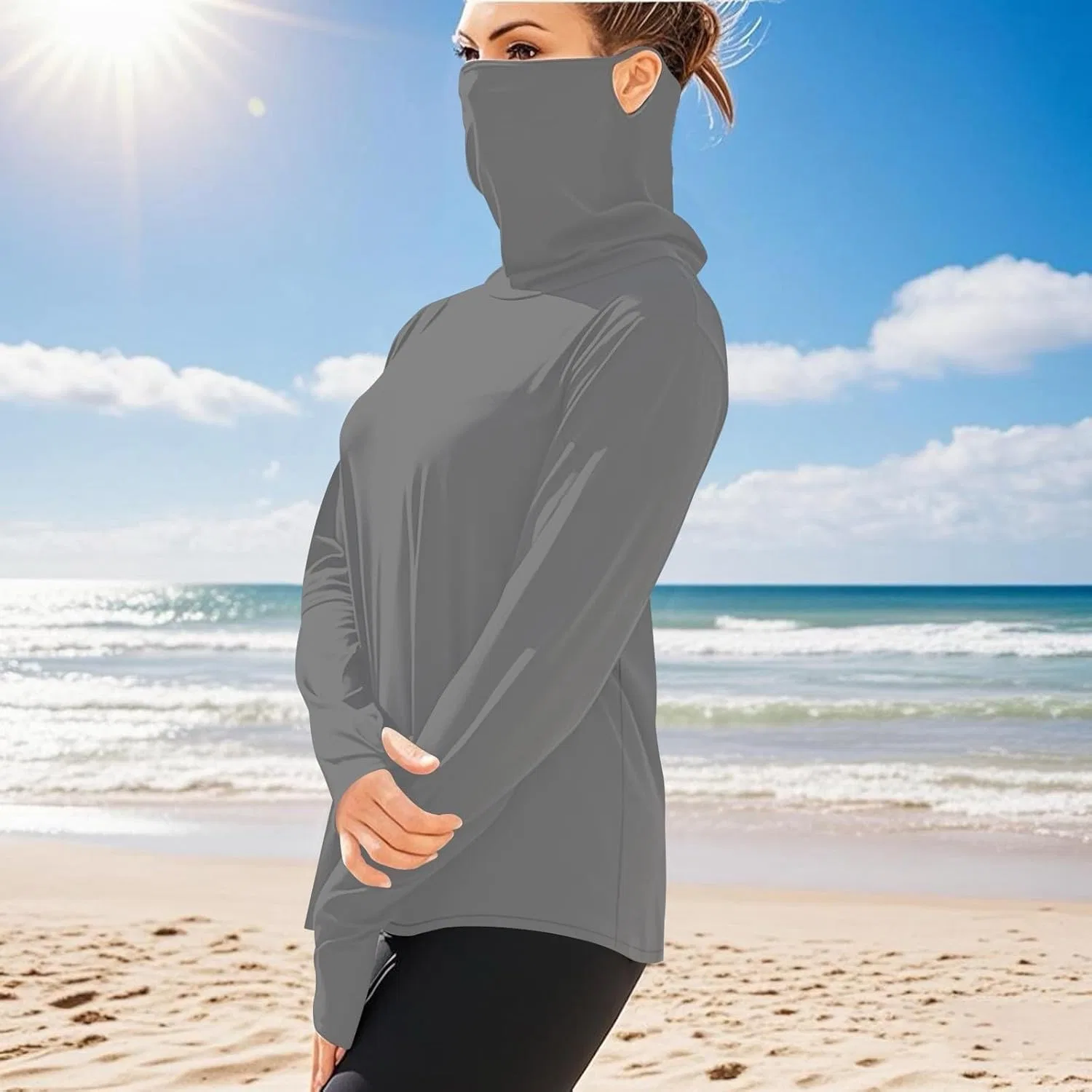 Женская футболка с защитой UPF 50+ Long Sleeve Performance Fishing Hiking Rash Guard с маской и отверстием для большого пальца, A-gray — фото 3
