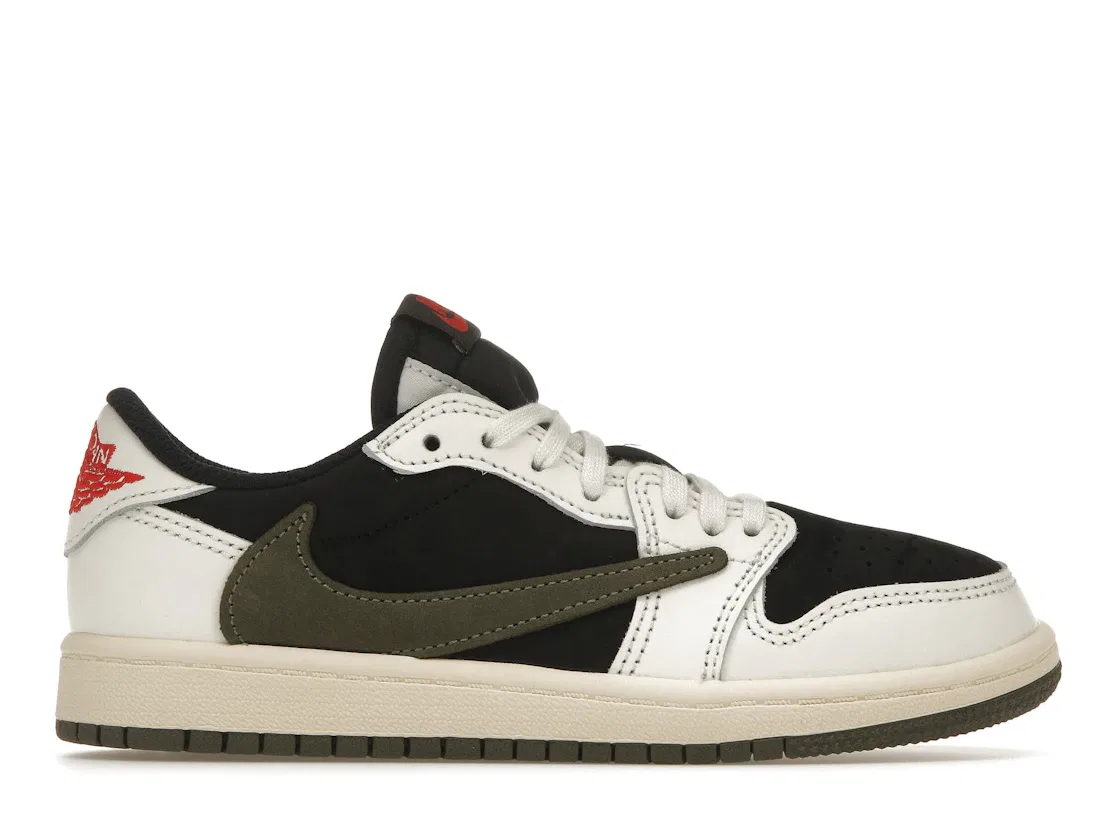 Детские кроссовки для мальчиков с принтом Jordan 1 Retro Low OG SP Travis Scott Olive, Sail/University Red/Black/Medium Olive