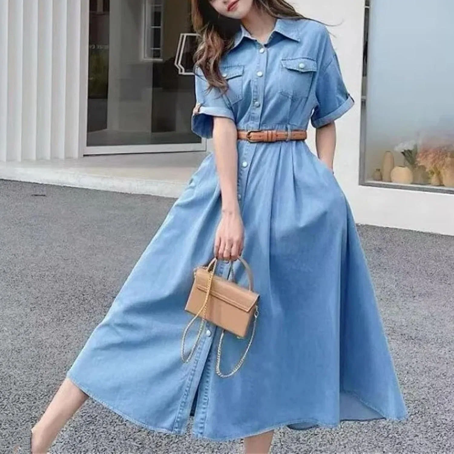 Женское платье имитация денима A-силуэта с поясом, Blue — фото 2