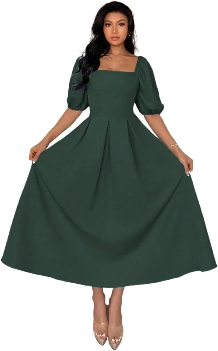 Женское миди-платье с воланами и рукавами-фонариками, Dark Green
