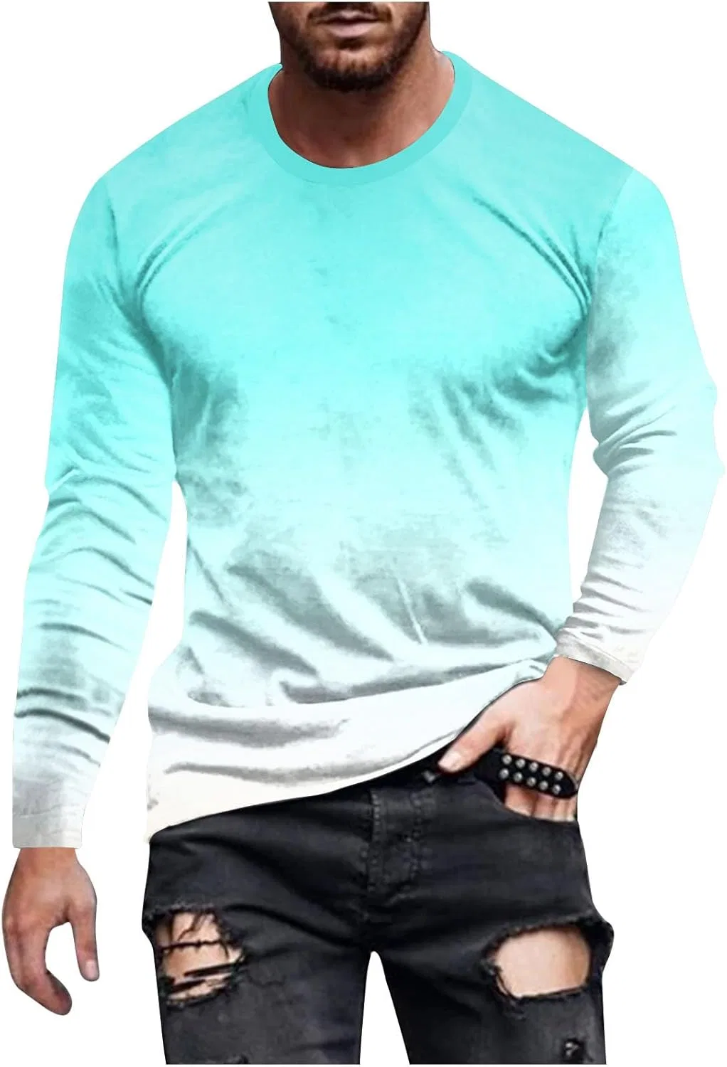 Мужская футболка с омбре-градиентом длинный рукав, A03 Mint Green