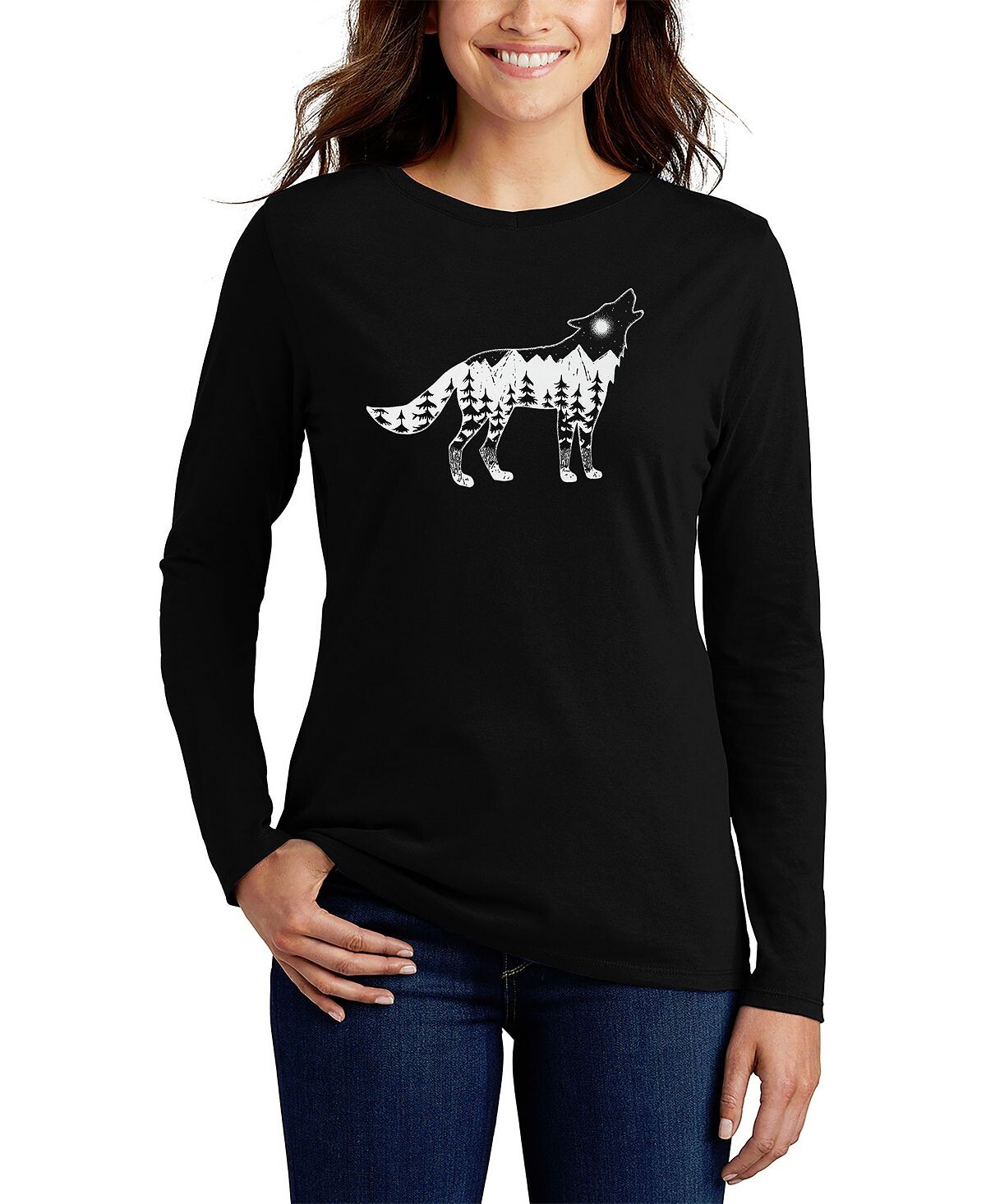 

Женская футболка с длинным рукавом howling wolf word art LA Pop Art, черный