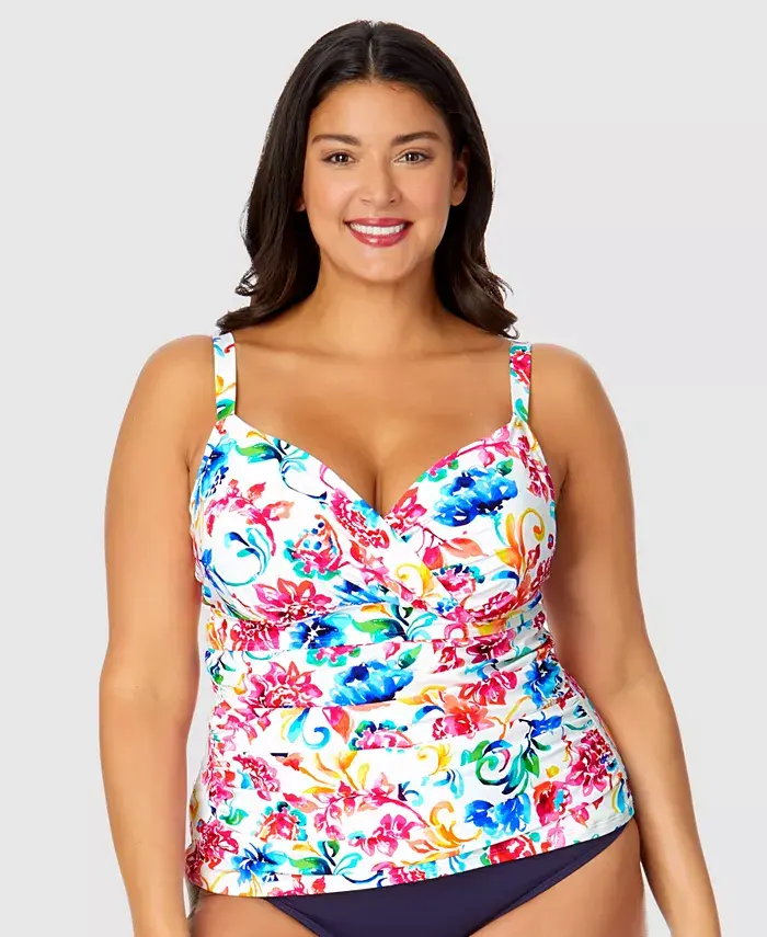 

Плюс сайз топ-танкини с подкладкой на косточках и запахом в акварельном стиле пейсли Anne Cole, мультиколор