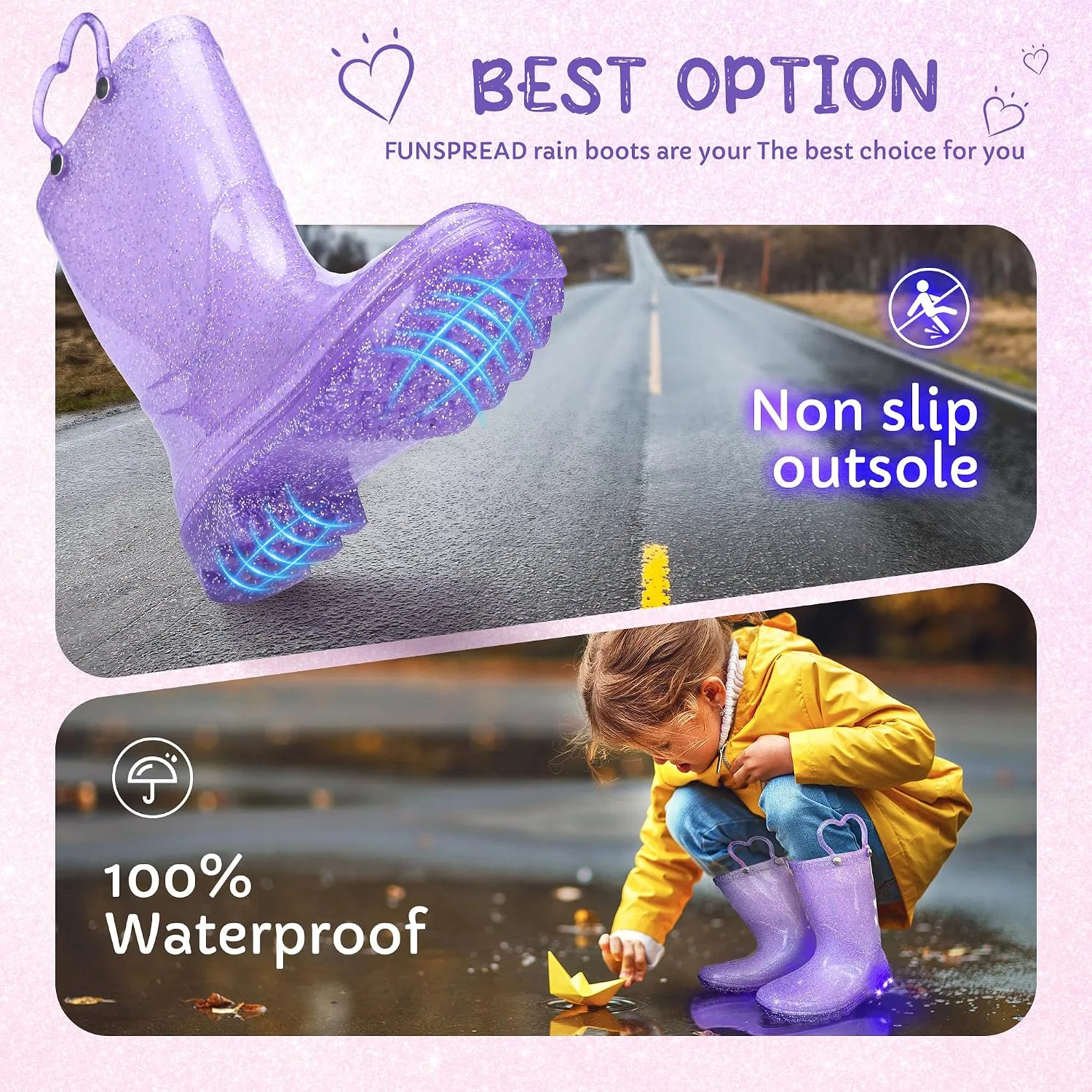 Детские сапоги дождевые с блёстками и подсветкой Funspread, Glitter Purple — фото 4