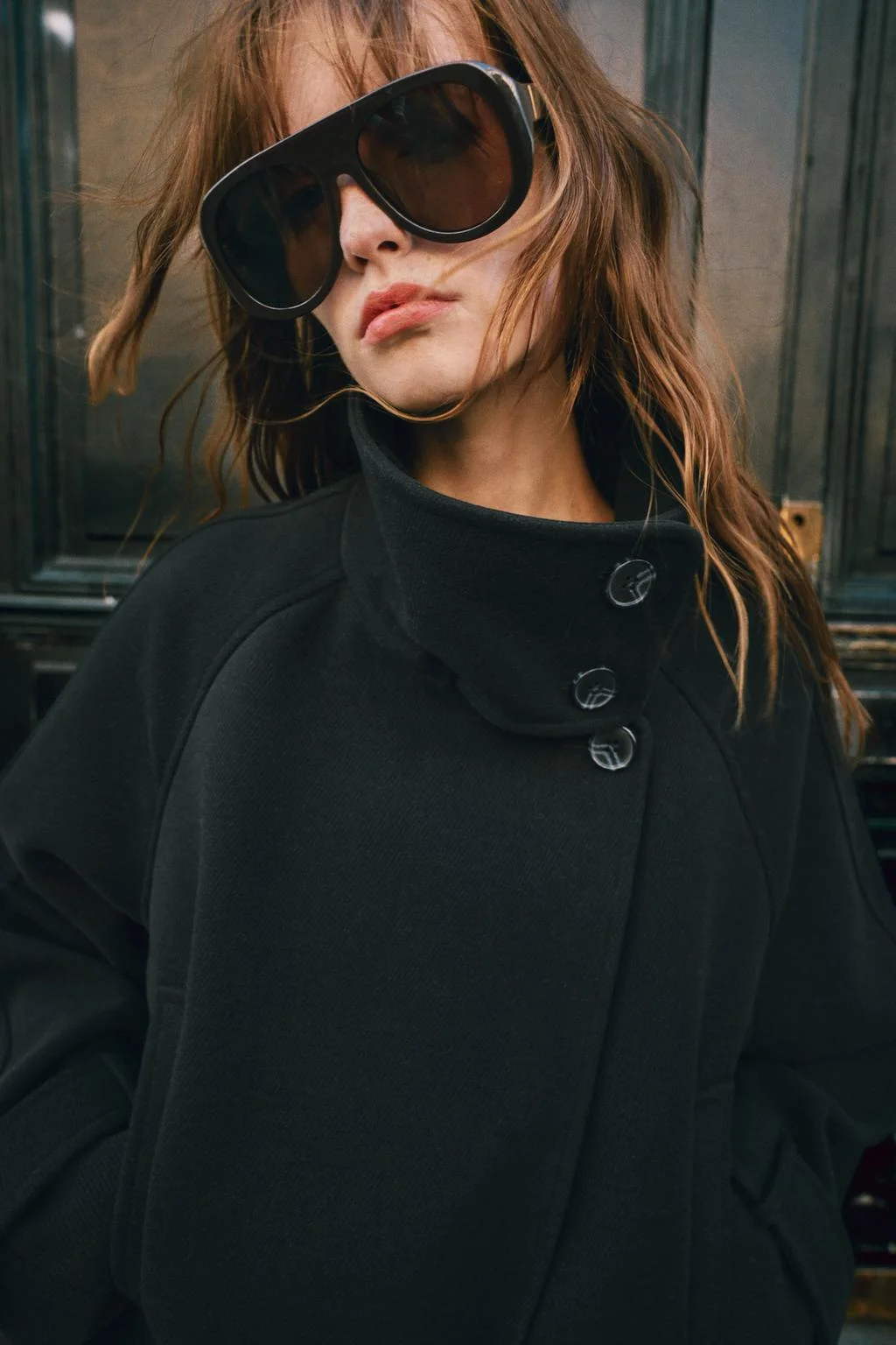 Пальто Zara с высоким воротом и поясом, черный — фото 3