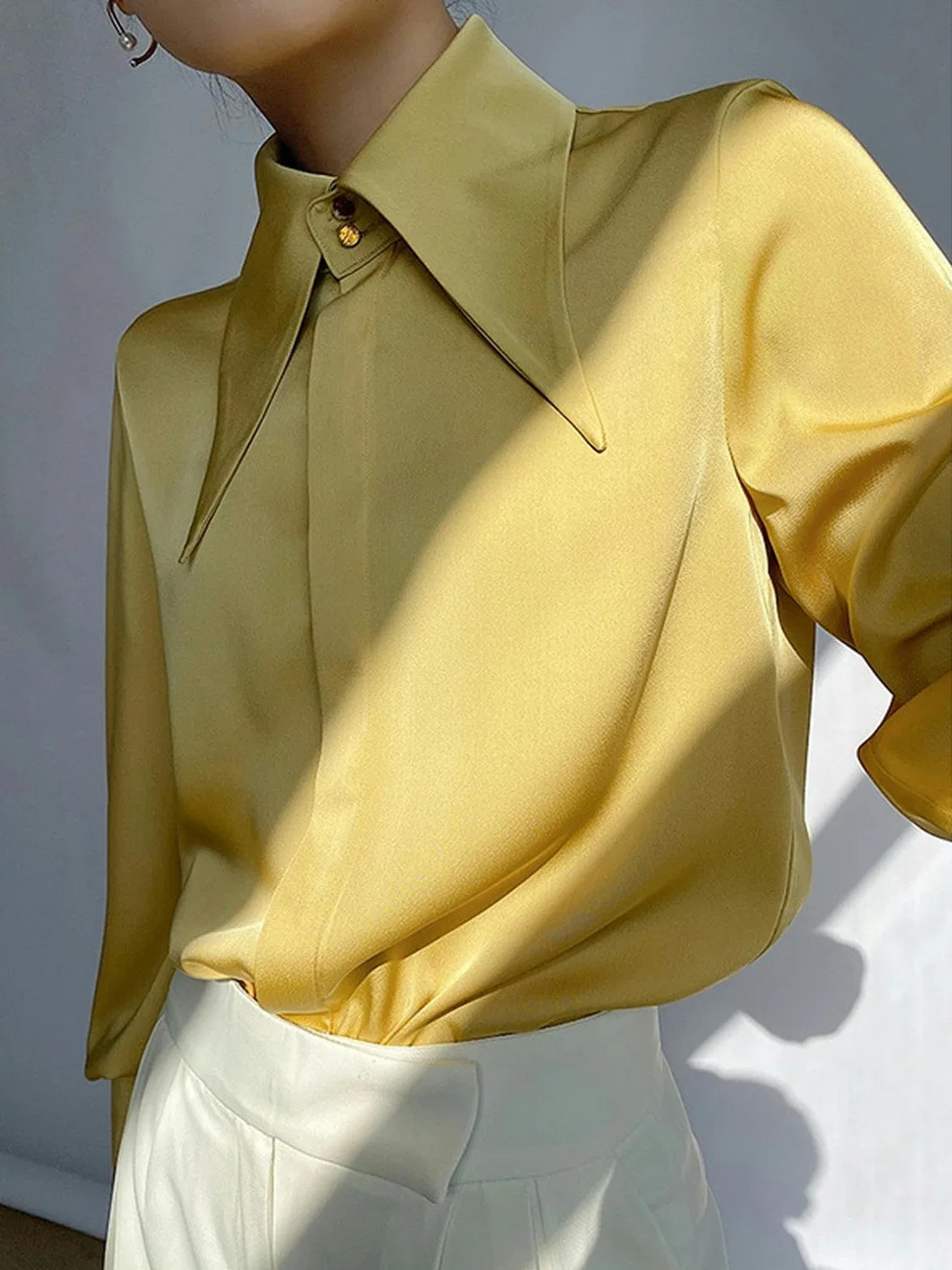 Женская блузка с широким воротником, белая, M, Yellow — фото 4