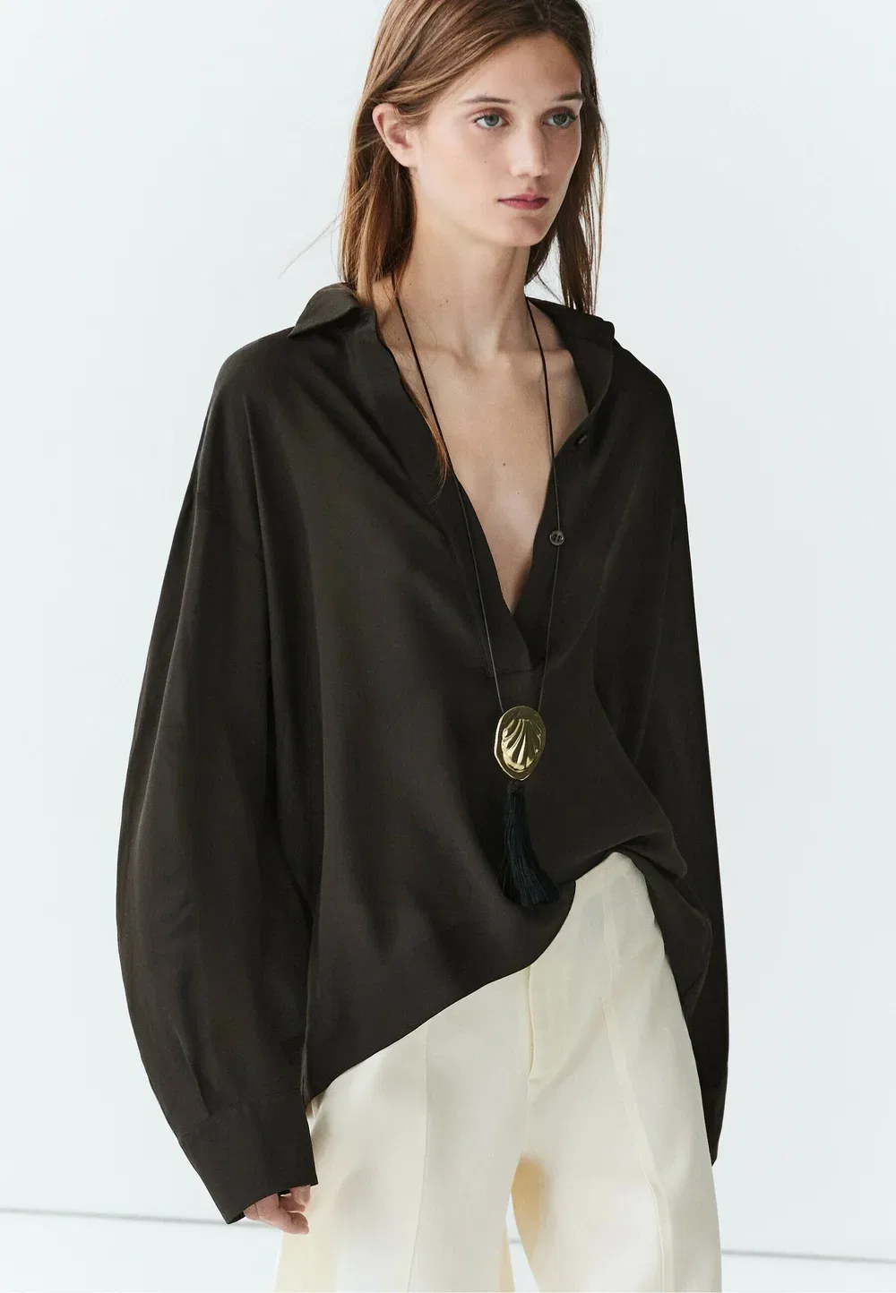 Свободная рубашка на пуговицах - блузка Massimo Dutti, Dark Brown