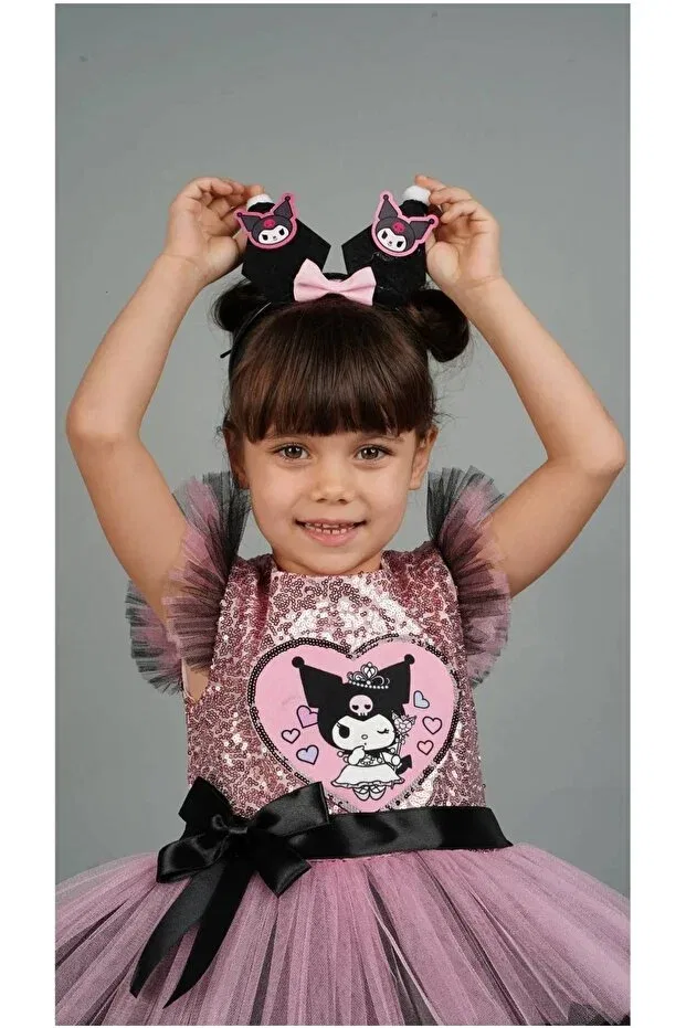 Детское платье для девочек с принтом Kuromi crown accessory Diamondstar, Pink-Black — фото 4