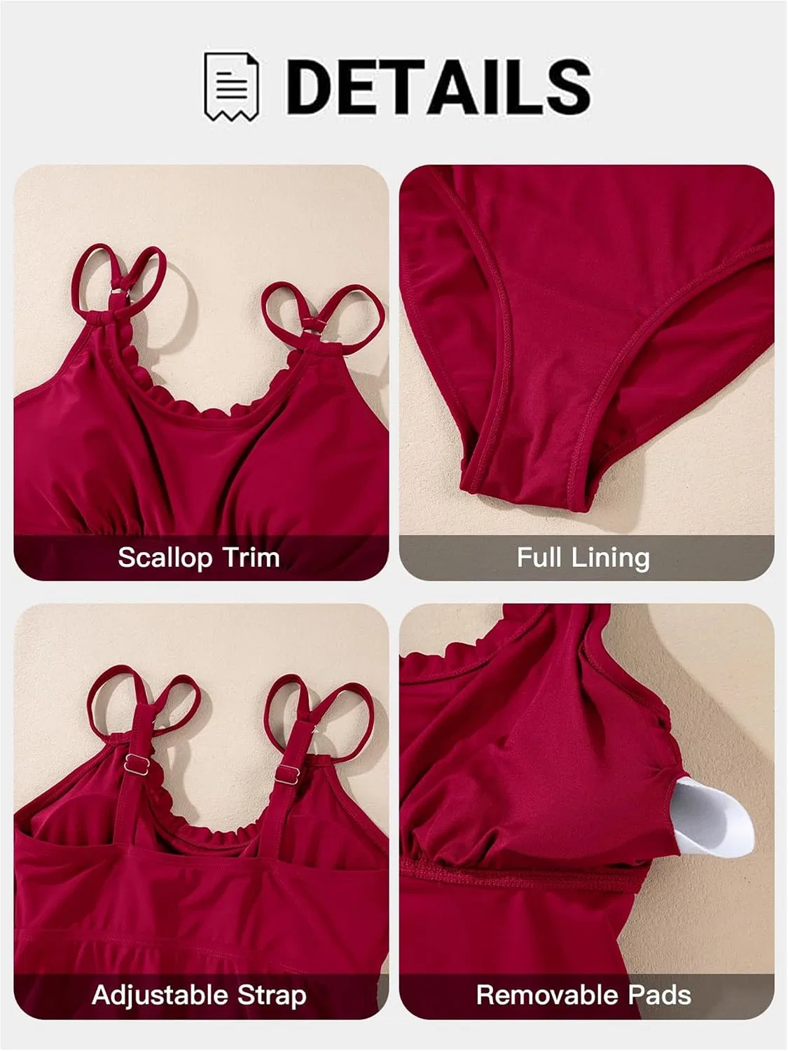 Женский танкини с рюшами Crew Neck Swim Suits with Shorts, Wine Red — фото 2