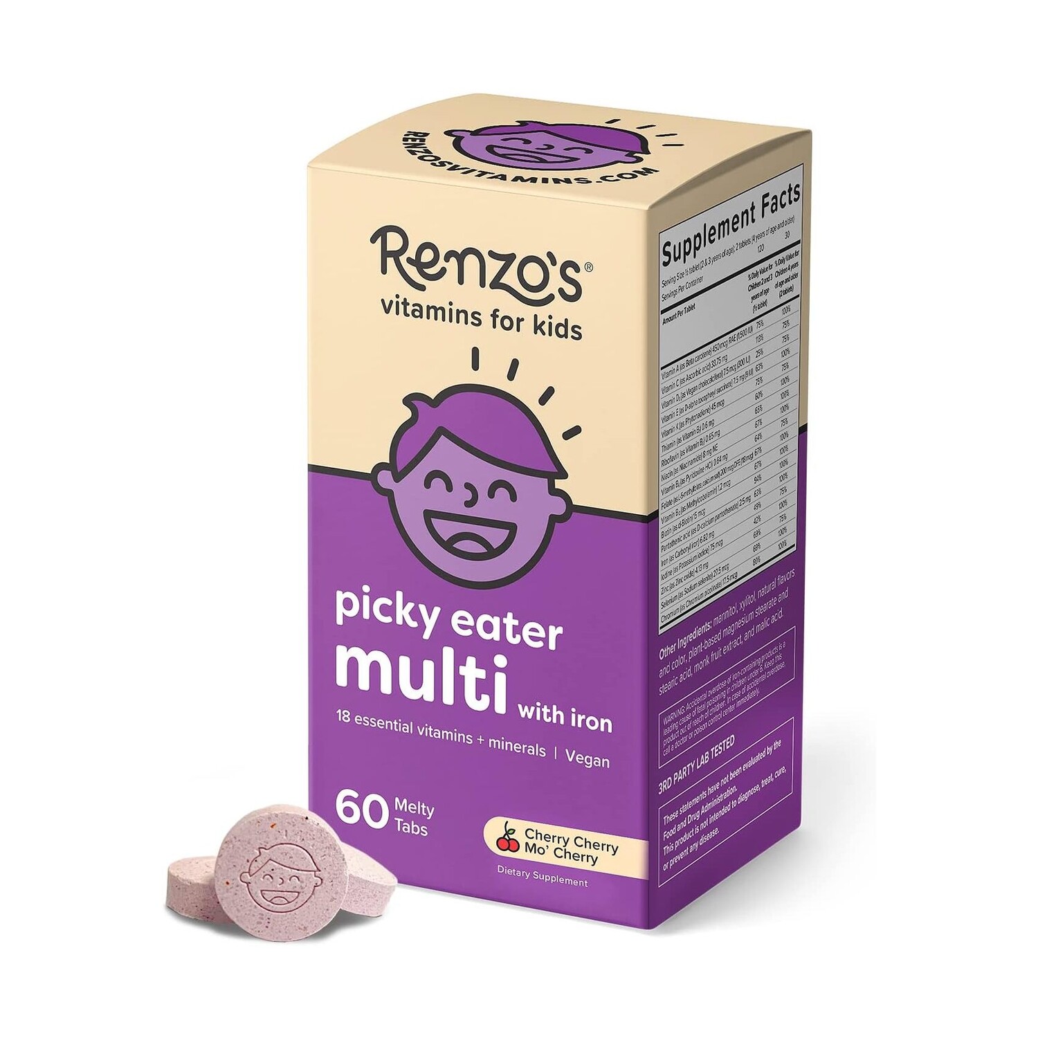 

Мультивитамины Renzo's Picky Eater Kids With Iron Cherry Flavored, 60 жевательных таблеток