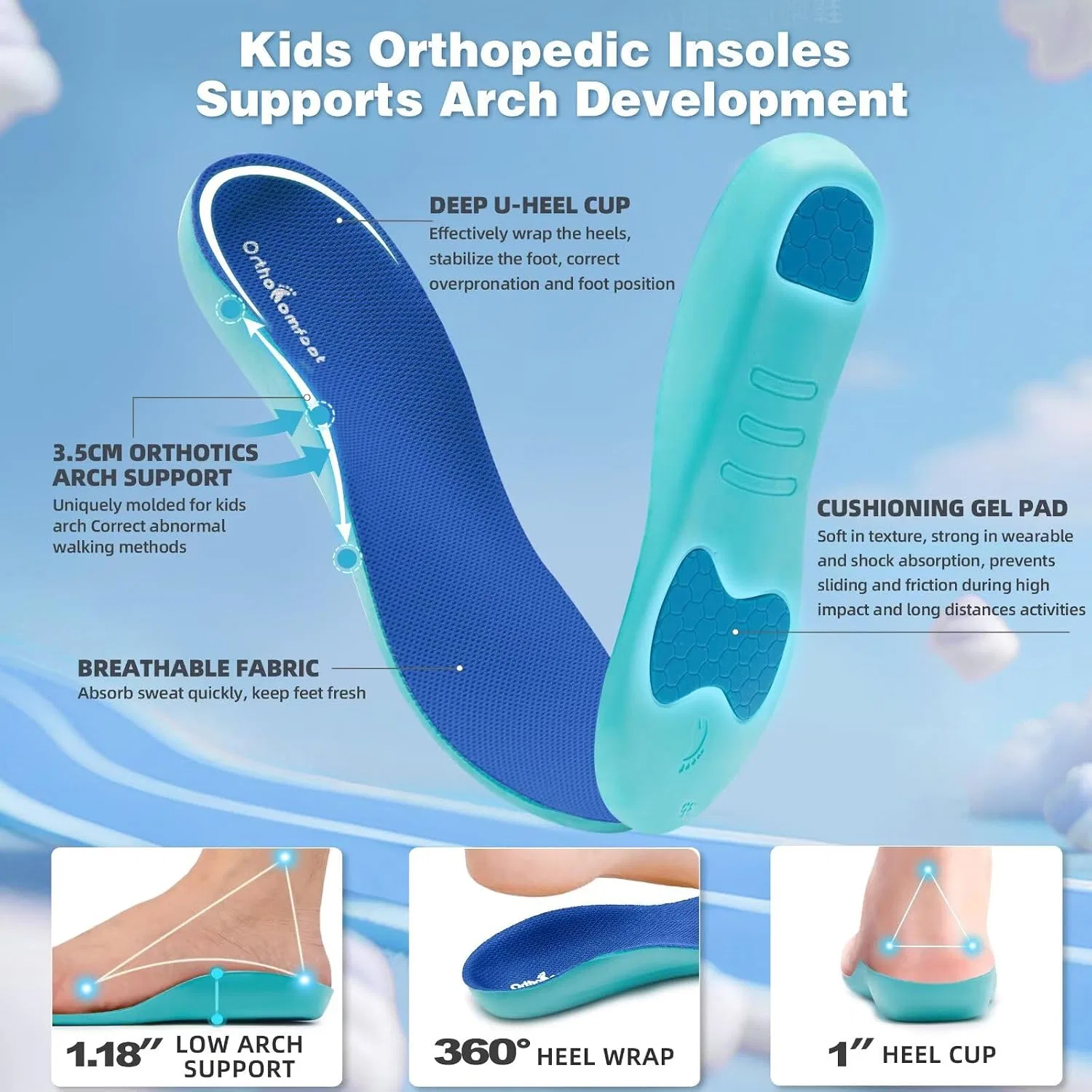 Детские ортопедические кроссовки для мальчиков с широкой колодкой OrthoComfoot, Blue — фото 3