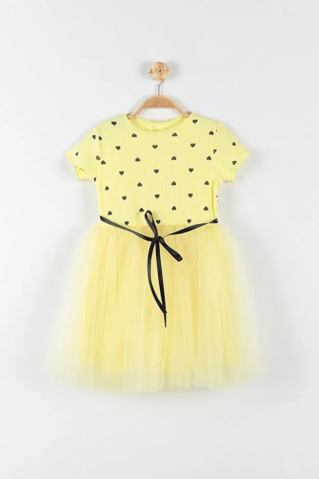 Детское платье для девочек с коротким рукавом из тюля Bam Bam Giyim, Heart Yellow