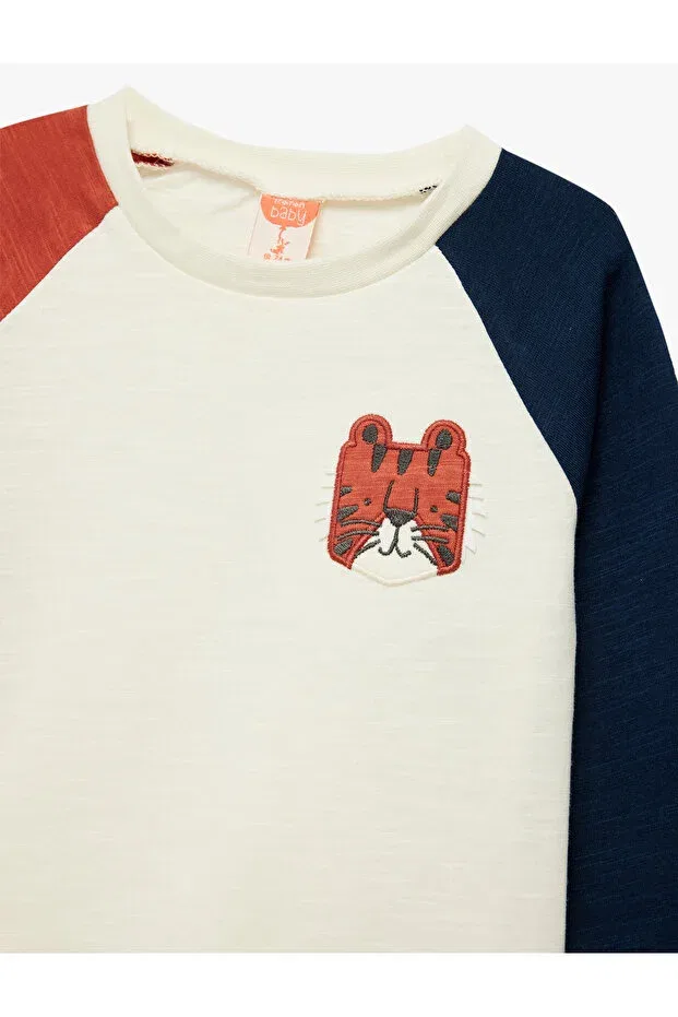 Детская футболка с длинным рукавом для мальчиков Color block cotton embroidered ecru baby boy long sleeve t-shirt 6wmb10102tk Koton, Ecru — фото 3