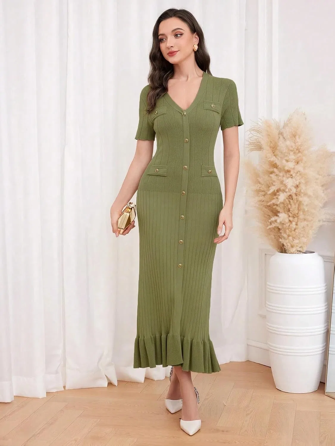 Женское платье миди с V-образным вырезом Knitwear, Green — фото 2