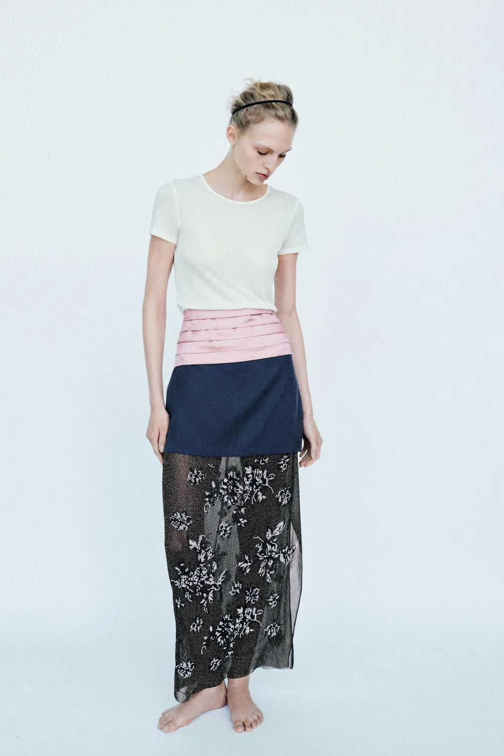 Юбка с контрастной отделкой бисером ZARA, Blue marl
