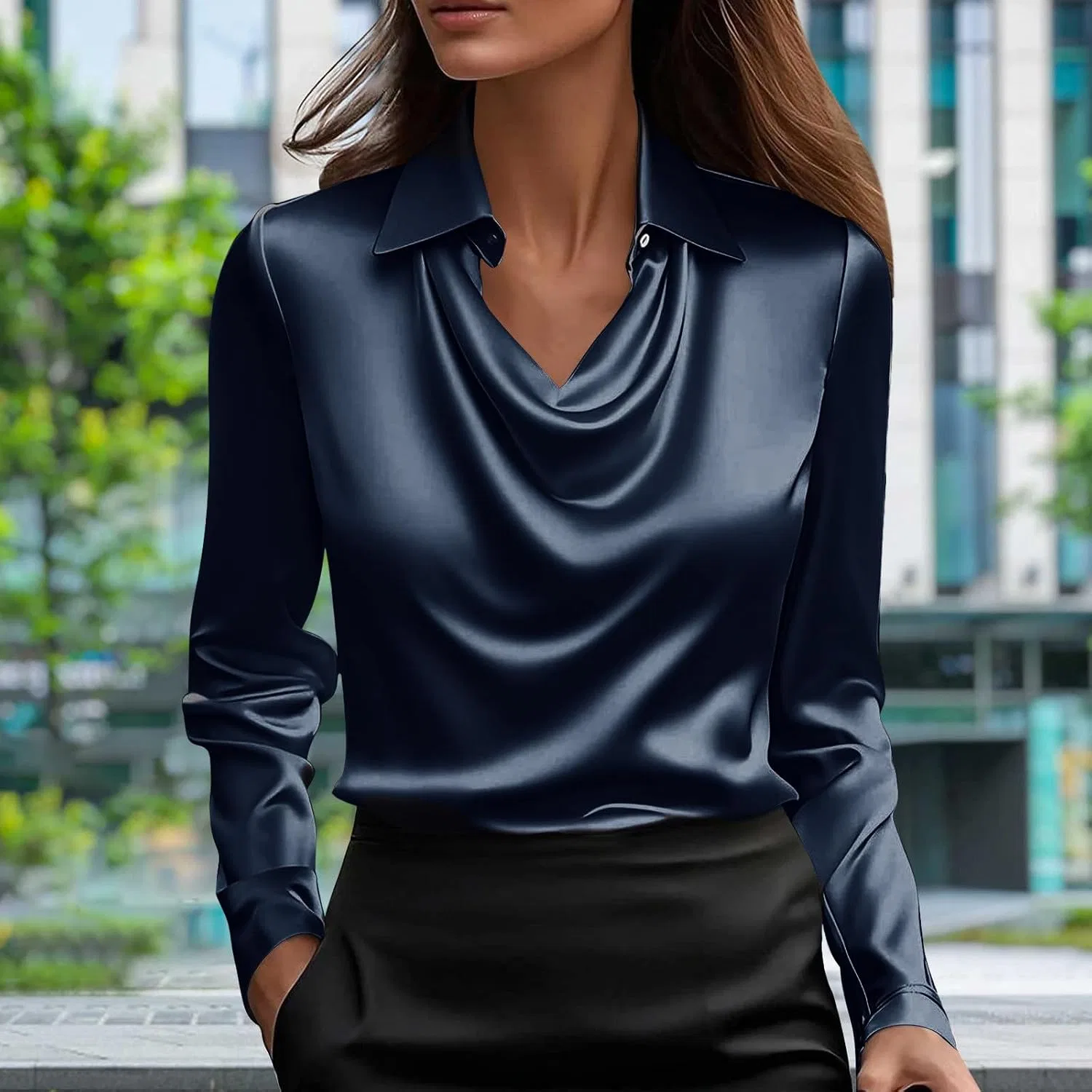 Женская блуза из сатина с воротником-качели Pelang, Dark Blue — фото 2
