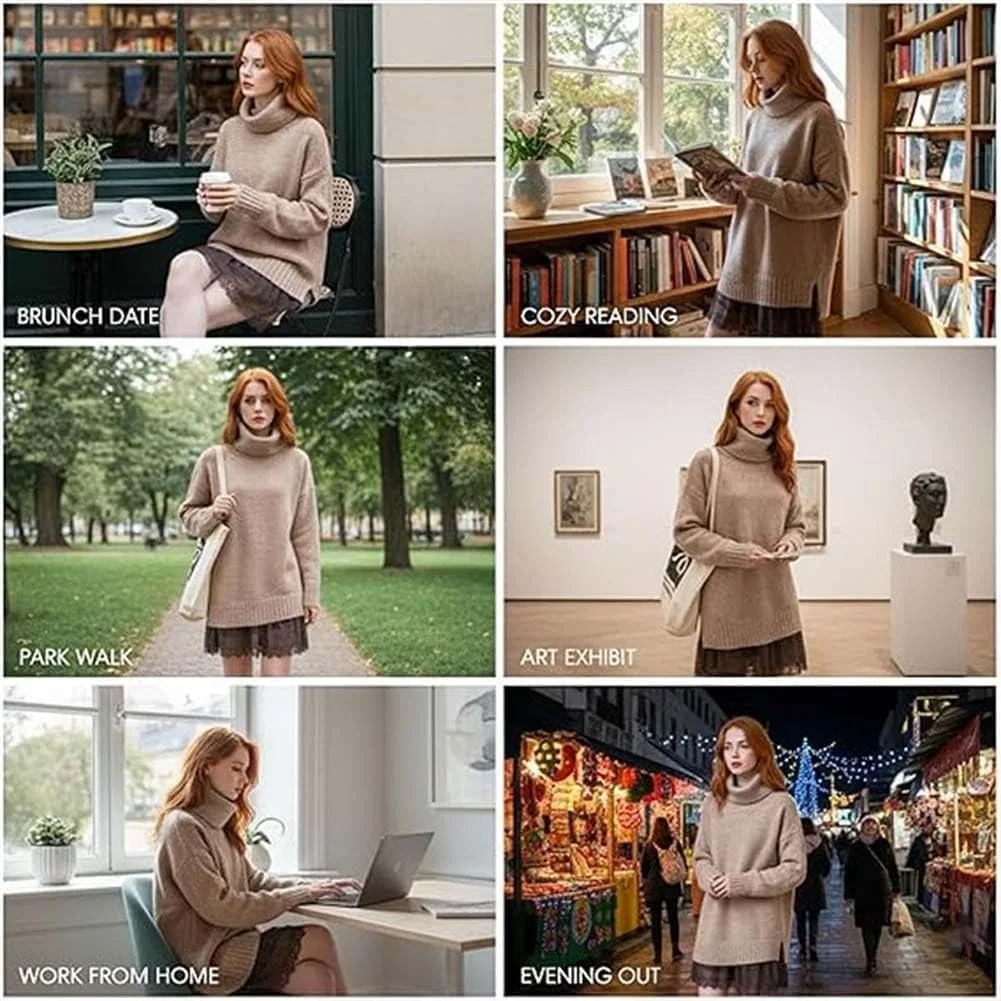 Женское платье-свитер с воротником-хомутом и кружевной отделкой, Reddish Brown — фото 4