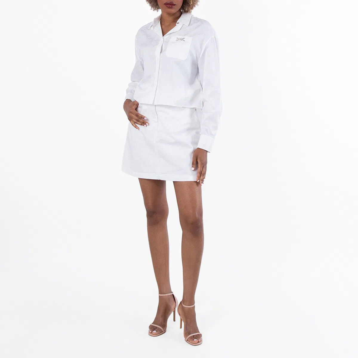 Женская укороченная рубашка из хлопка Barocco Jacquard Cropped Shirt Versace, Optical White — фото 4