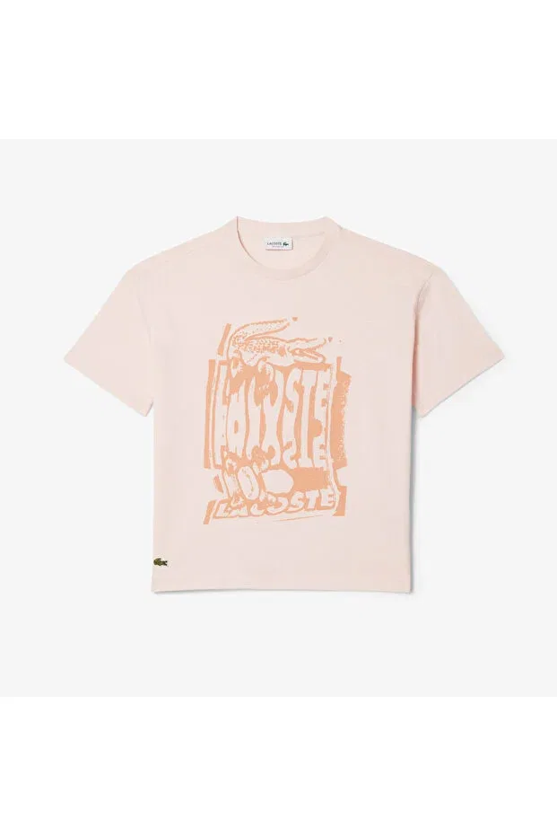Детская футболка с круглым вырезом и принтом, светло-розового цвета Lacoste