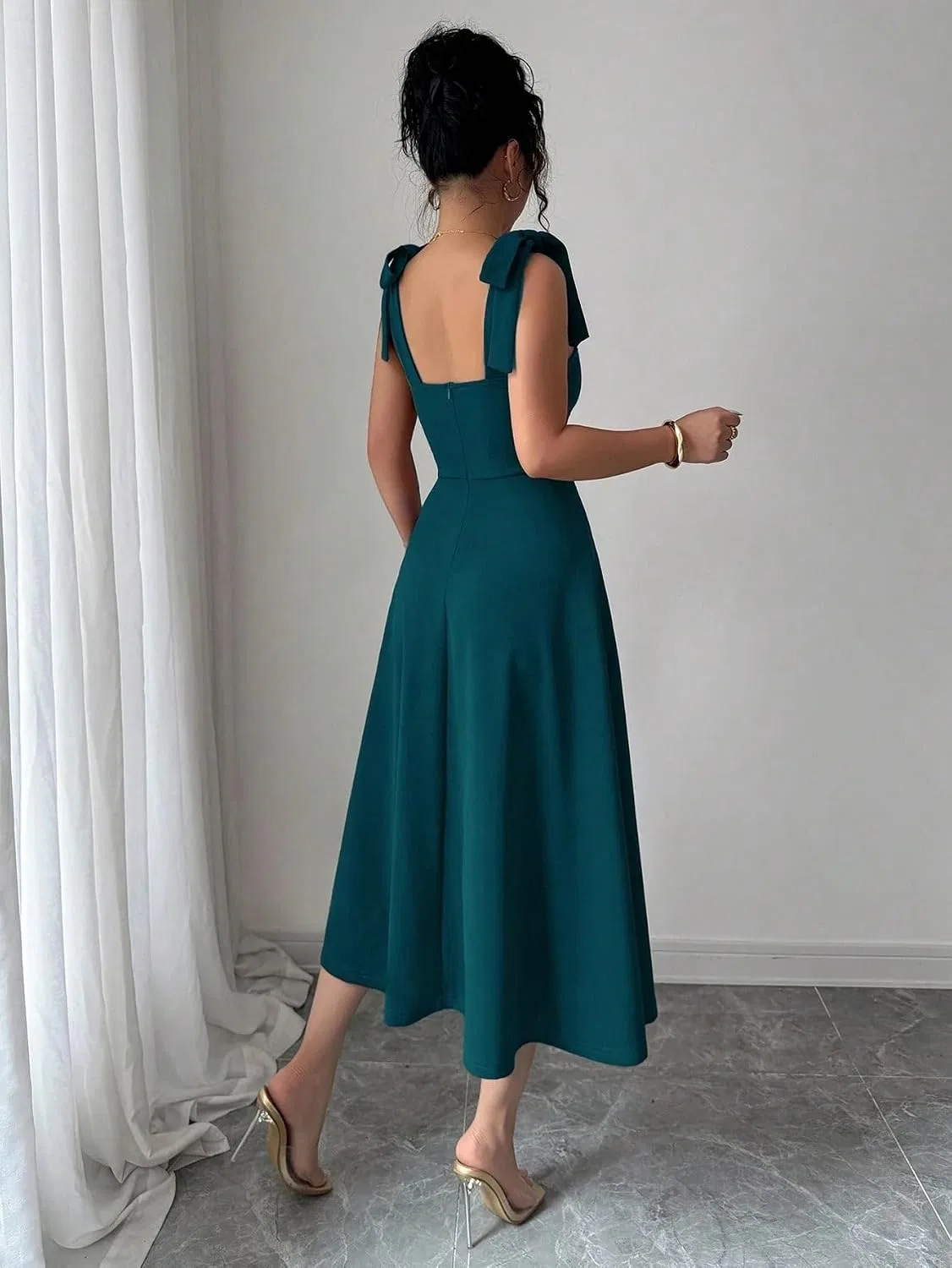 Женское элегантное cami платье с узлом на талии Knee Length A-Line, Teal Blue — фото 3