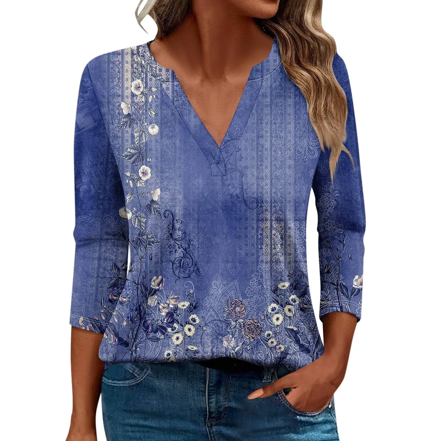 Женская блуза с принтом Women Blouses 3/4 Sleeve V Neck Casual Elegant Summer Boho Floral Print Blouses, 31#blu Scuro