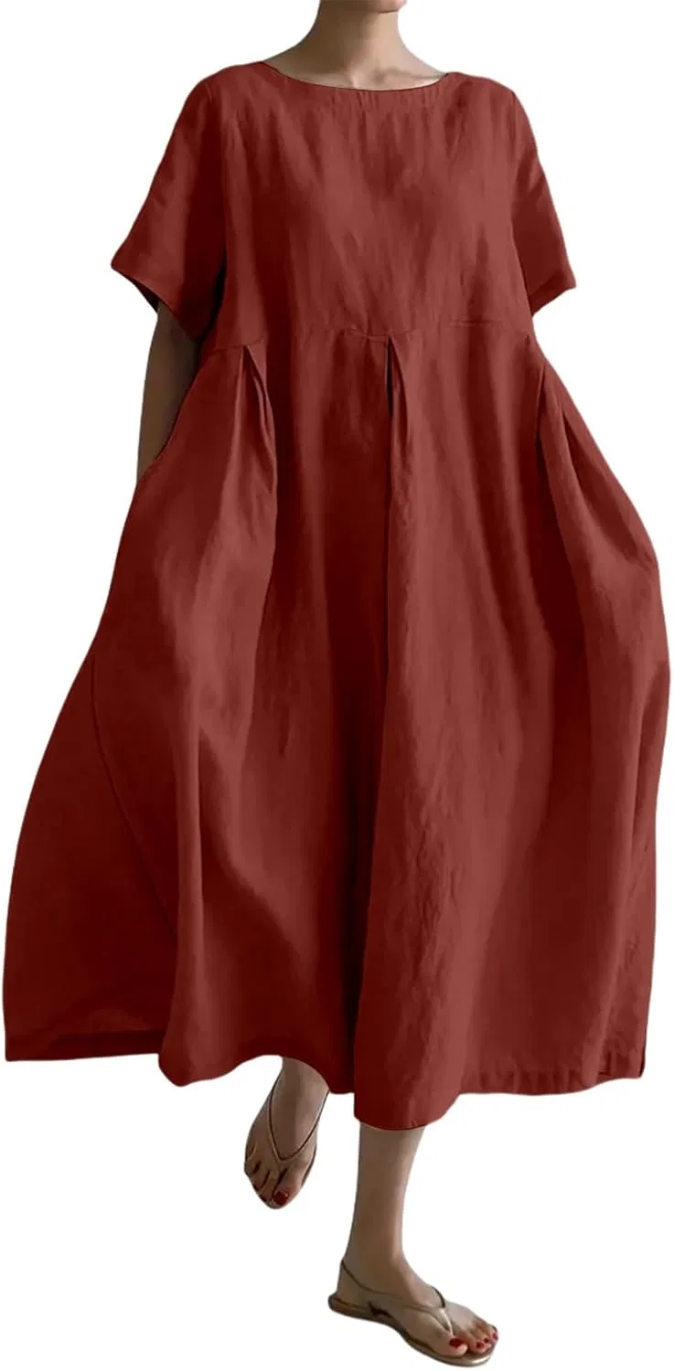 Женское свободное платье из льна с хлопком Oversized Crew Neck Short Sleeve Long Dresses Ruffle Hem Flowy Maxi Dress, Wine Red