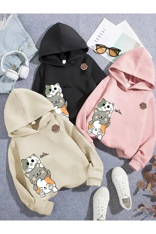 Детские свитшот для девочек с принтом Cat B Printed Hooded Baxia, Cat