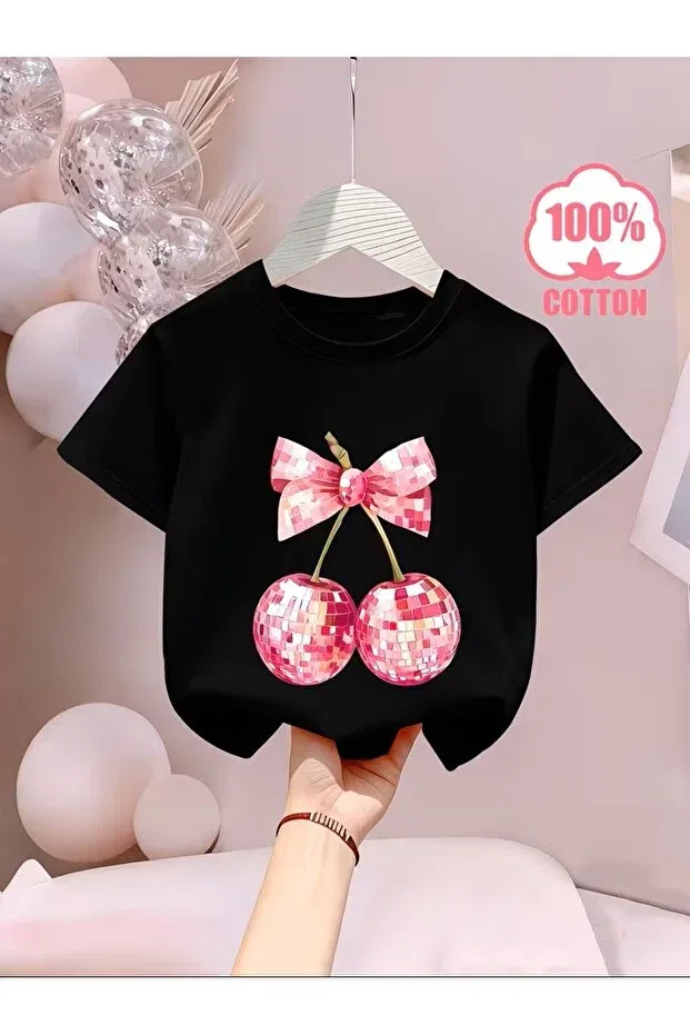 Детская футболка для девочек с принтом Fun and cute cartoon cherry Oneagılyazı, Black
