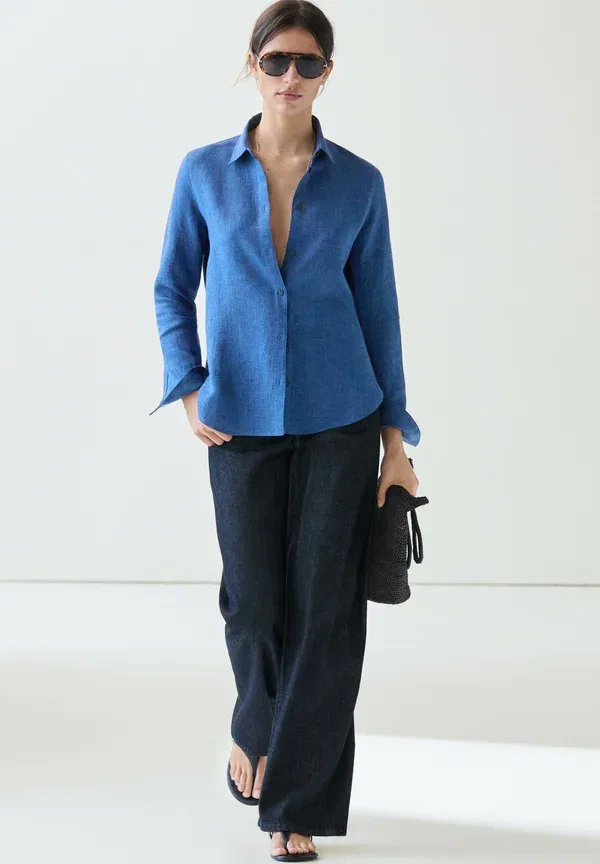Блузка из льна, Button-down blouse, Massimo Dutti, синий — фото 2