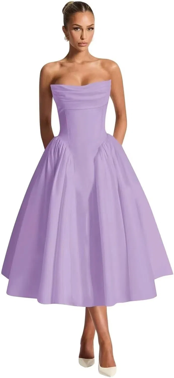 Женское атласное платье без бретелей с корсетом YH126, Lilac