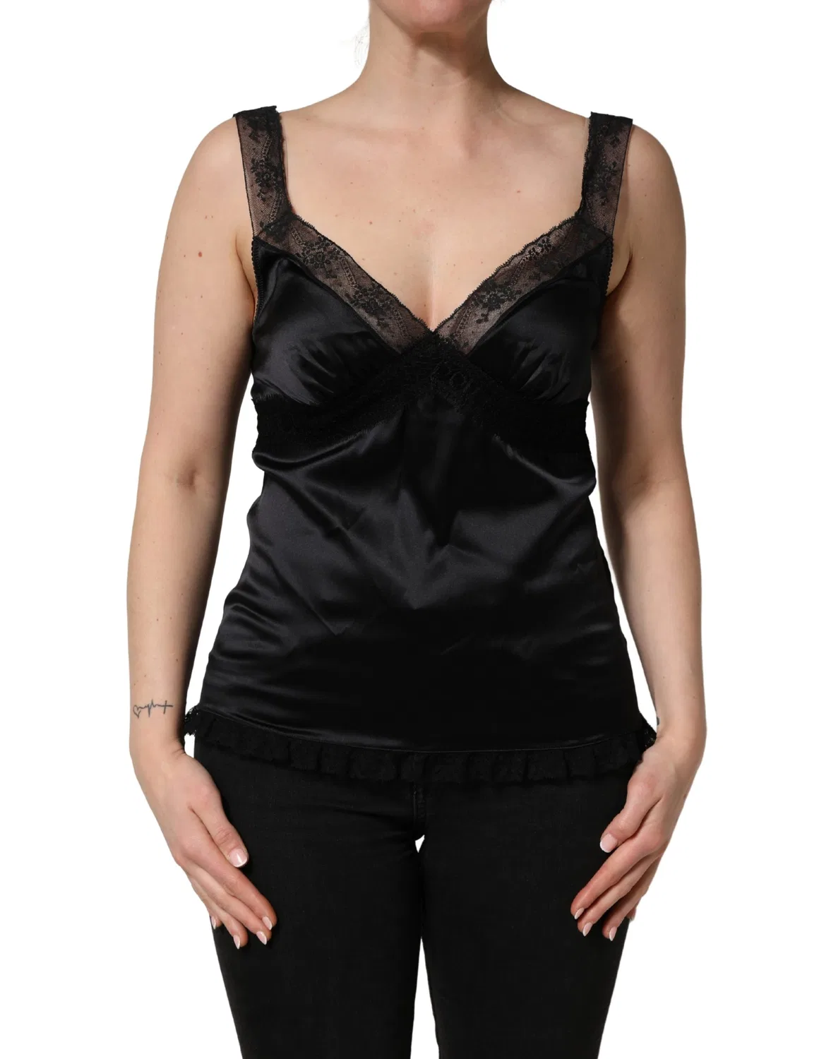 Женская шелковая майка с кружевной отделкой V-neckline Tank Top Dolce & Gabbana, Black — фото 2