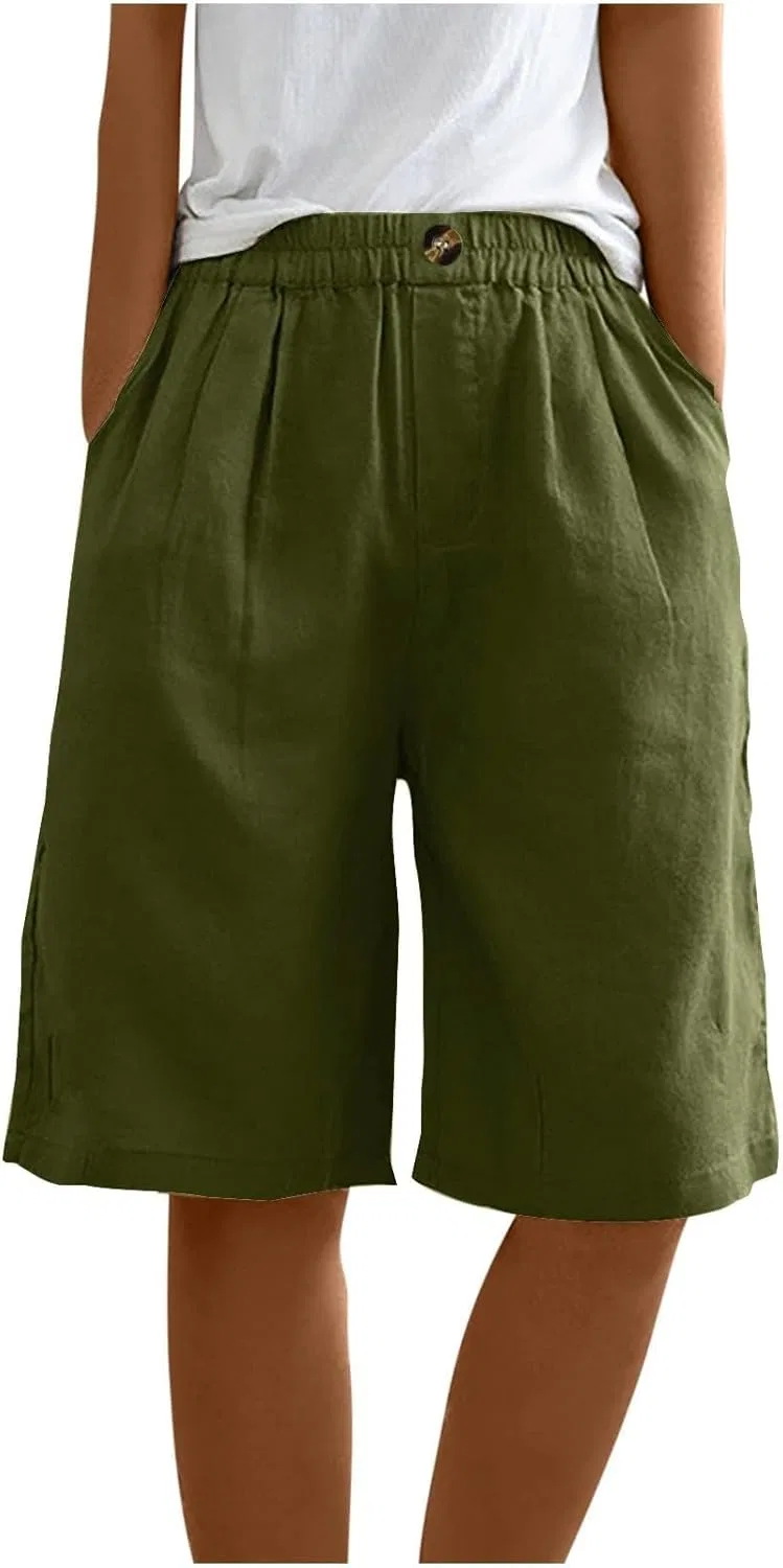 Женские льняные бермуды с широкими штанинами, Army Green — фото 3