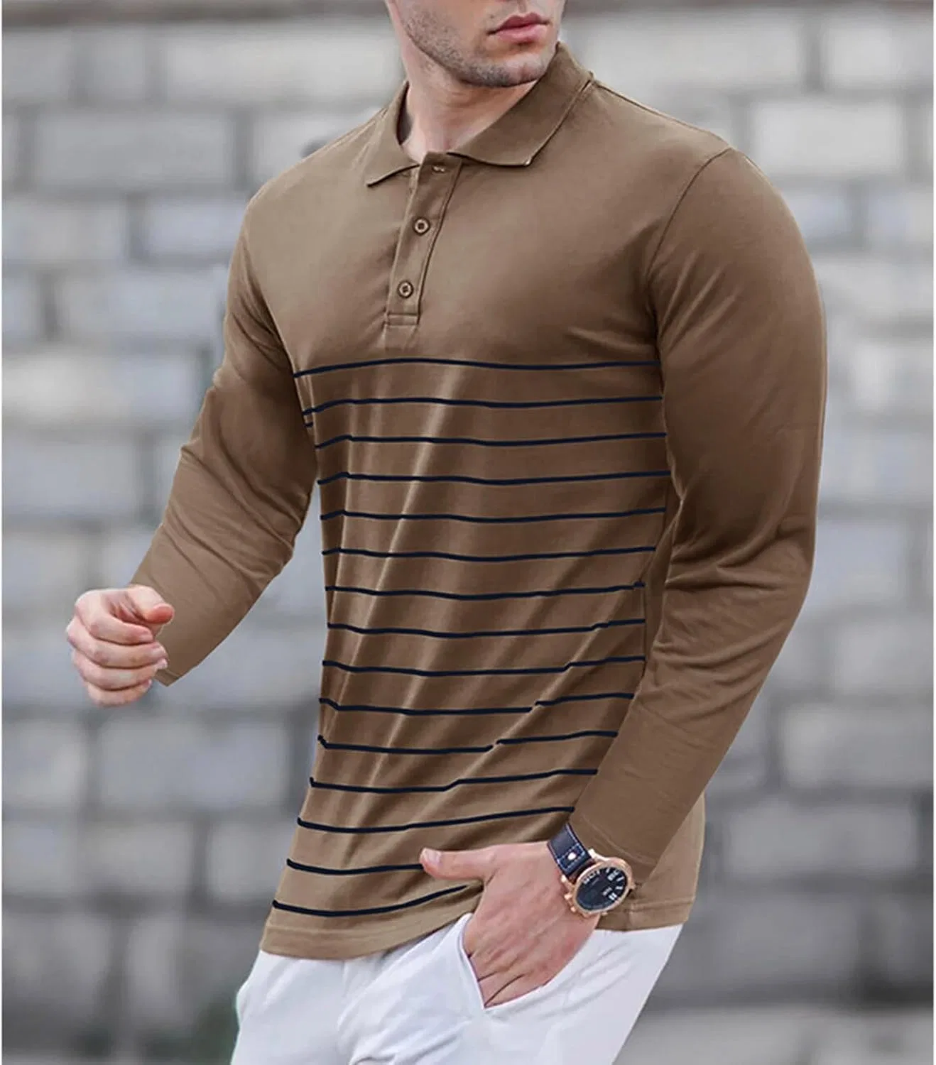 Мужская повседневная рубашка с длинным рукавом Generic, Khaki — фото 2