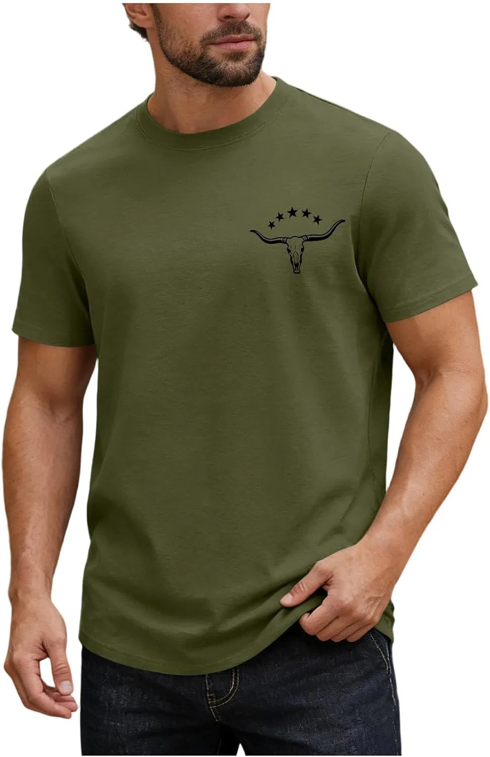 Мужская футболка с принтом черепа быка Vintage, Army Green