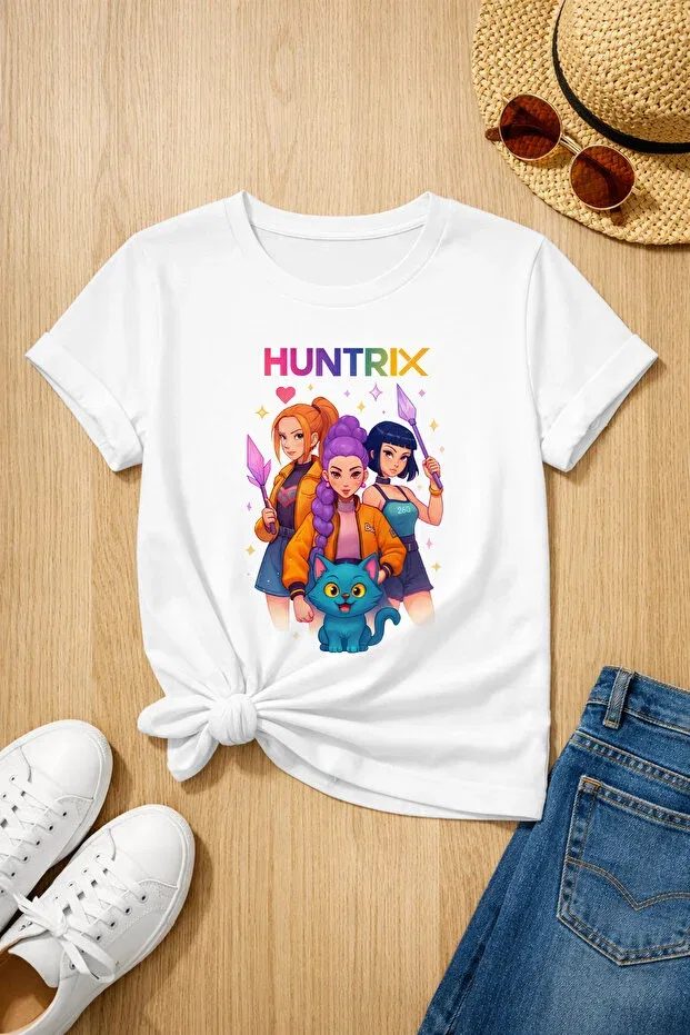 Детская хлопковое футболка для девочек с принтом Huntrix Myada, White
