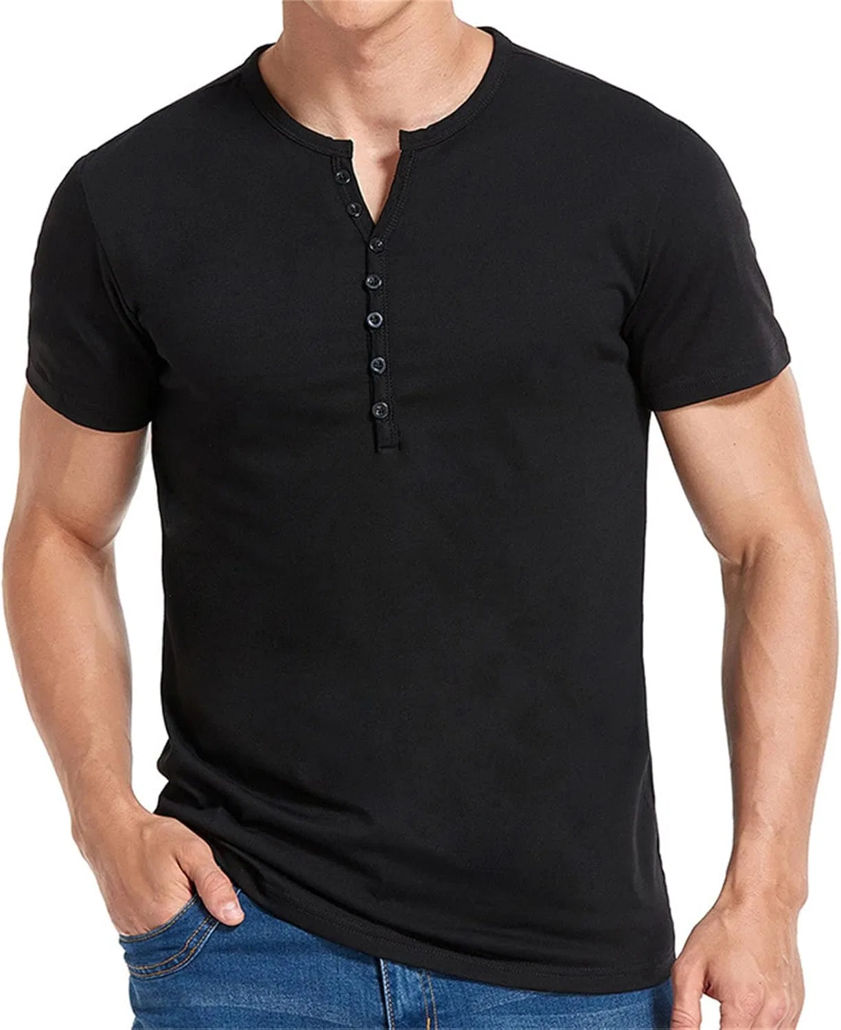 Мужская облегающая футболка-поло Henley с коротким рукавом, Black — фото 3