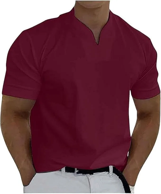 Мужская повседневная футболка с V-образным вырезом из льна, Wine Red