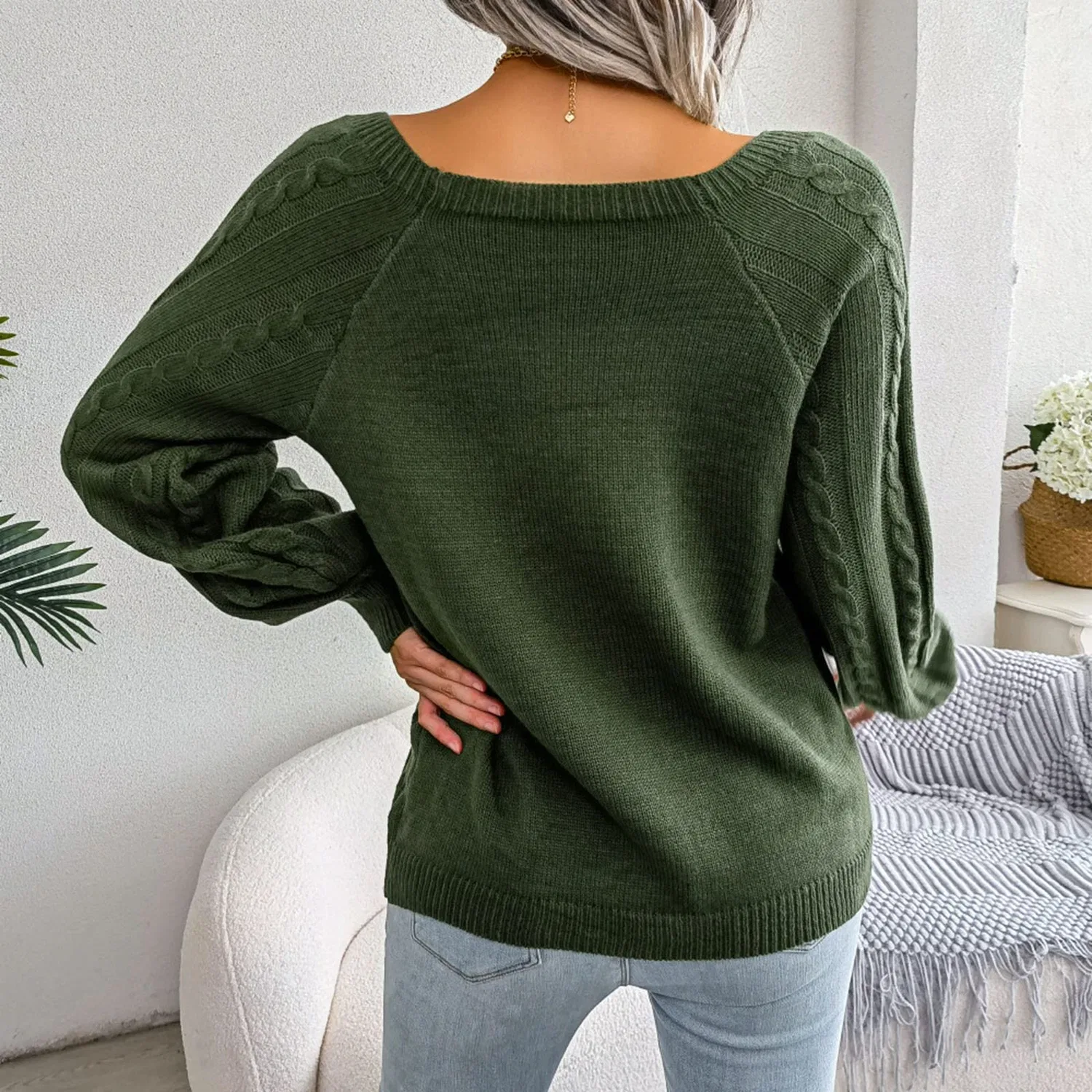 Женский свитер с высоким воротом и длинным рукавом, свободный, Army Green — фото 4