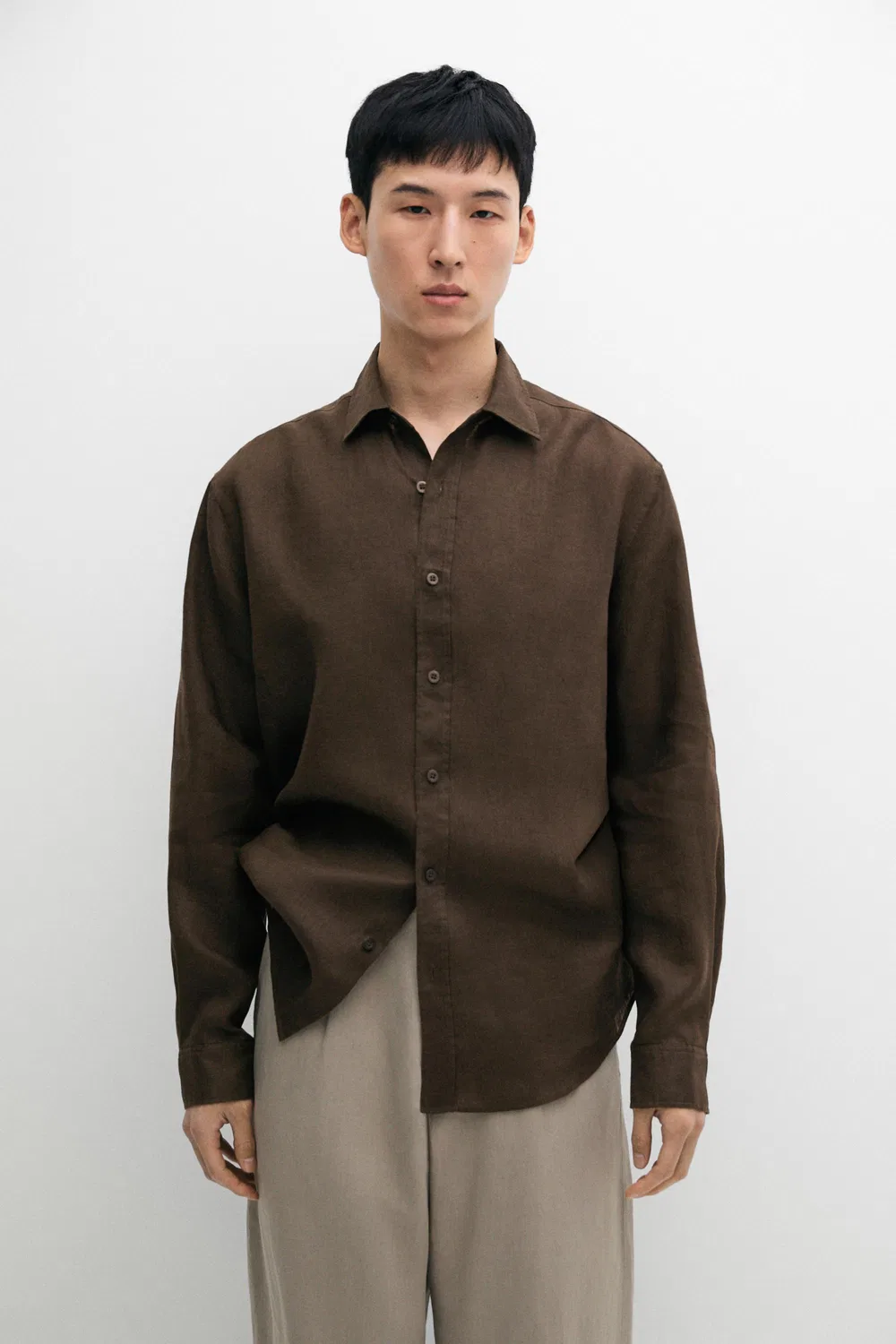 Рубашка приталенного кроя из 100% льна Massimo Dutti, шоколадный — фото 2