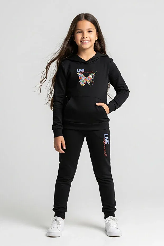 Детский комплект для девочек из худи и брюк с принтом Fyk Collection, Black
