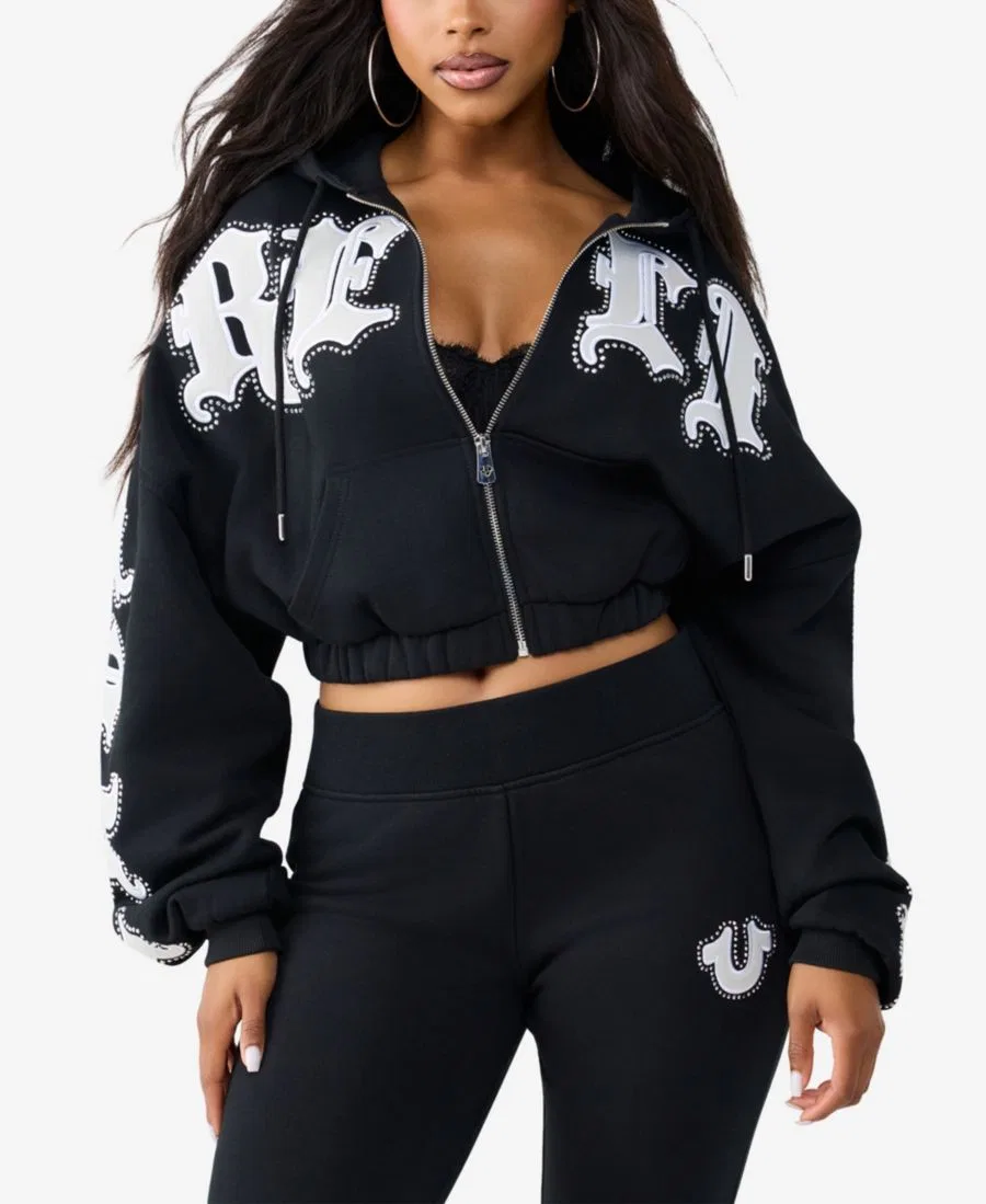 Худи женское с кристаллами и патчами, свободный крой True Religion, Jet Black — фото 2