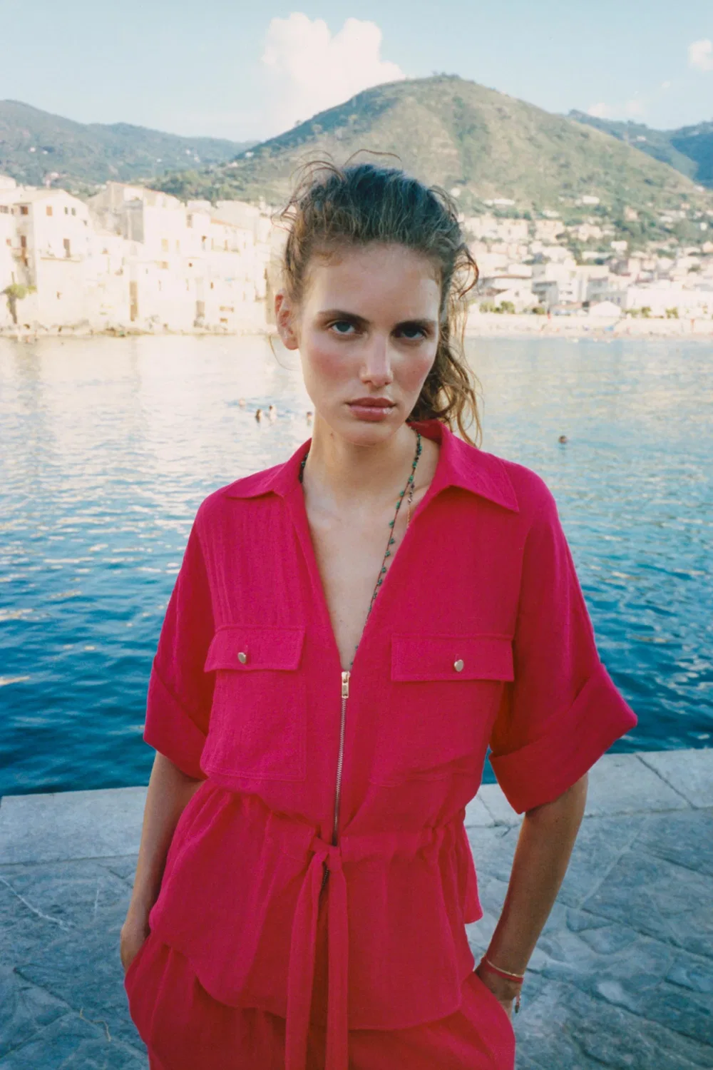 Рубашка в стиле сафари с поясом-галстуком ZARA, Fuchsia — фото 2