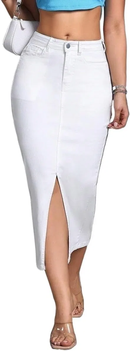 Женская джинсовая юбка миди прямого кроя, White